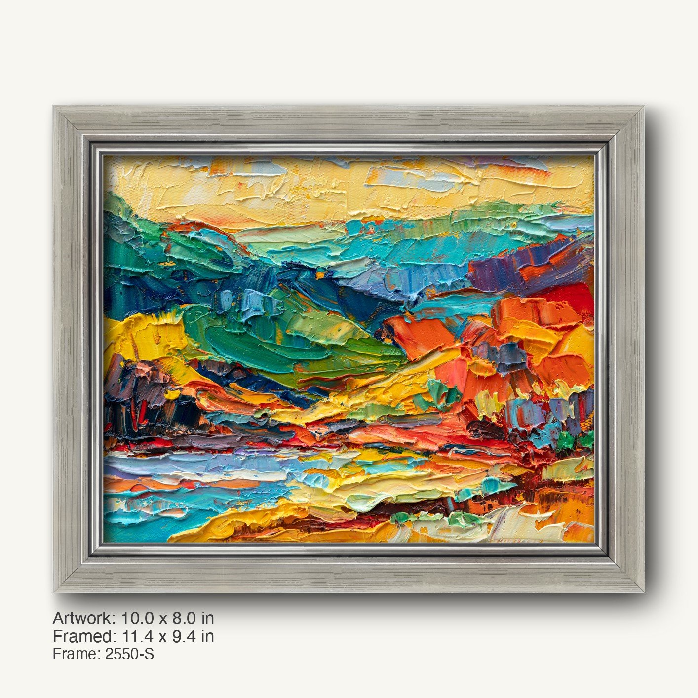 Vibrant abstract landscape painting in a cool silver modern slim frame, featuring bold brushstrokes of blue, green, yellow, red, and orange on canvas