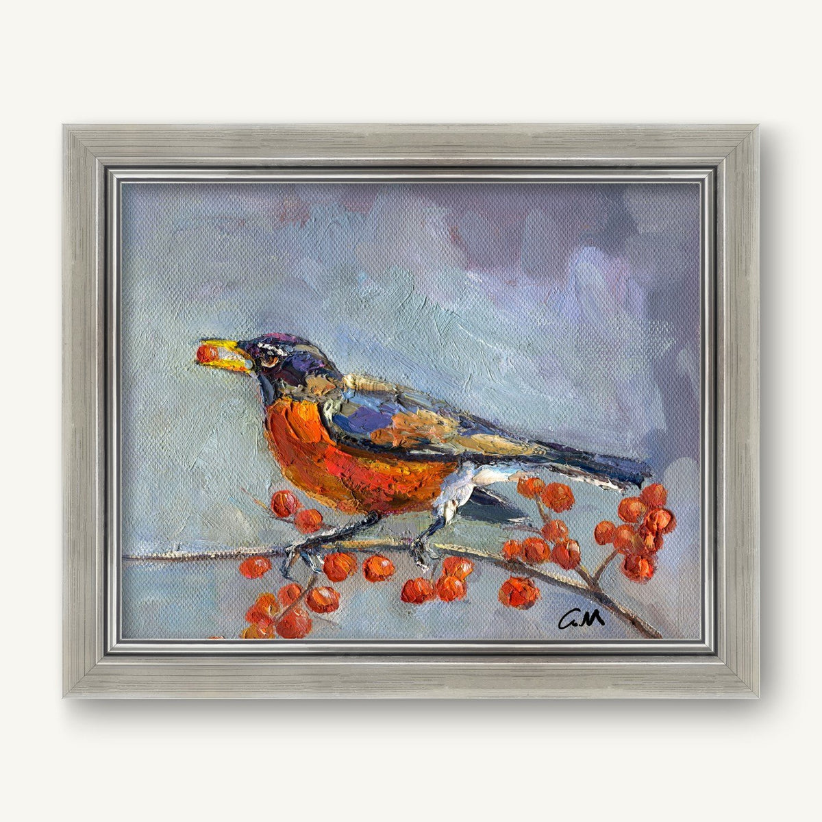 Framed oil painting of a robin perched on a branch with red berries, painted in impressionistic style with vibrant colors and textured brushwork
