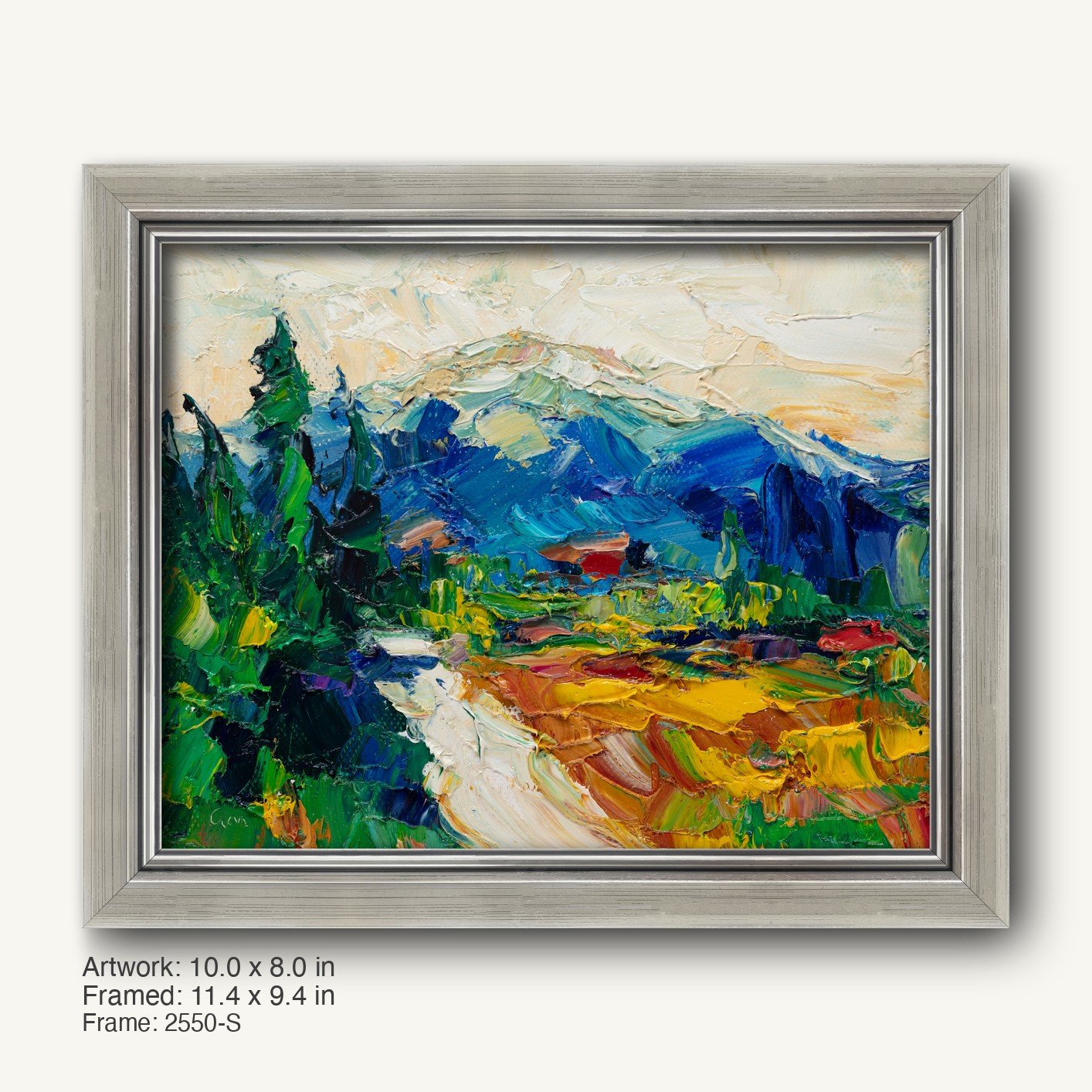Vibrant oil painting of a mountain valley landscape in a cool silver frame, featuring bold greens, blues, and yellows with textured brushwork and a signed artist signature