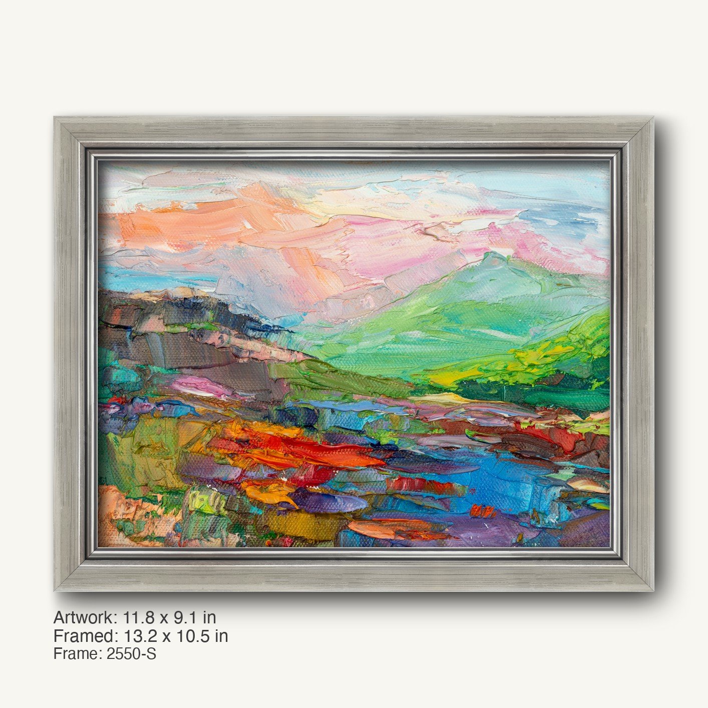 Expressive Mountain Vista by George Miller in a cool silver modern slim frame, showcasing vibrant abstract landscape with textured oil brushwork on canvas