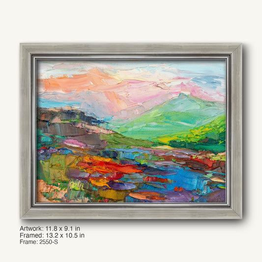 Expressive Mountain Vista by George Miller in a cool silver modern slim frame, showcasing vibrant abstract landscape with textured oil brushwork on canvas