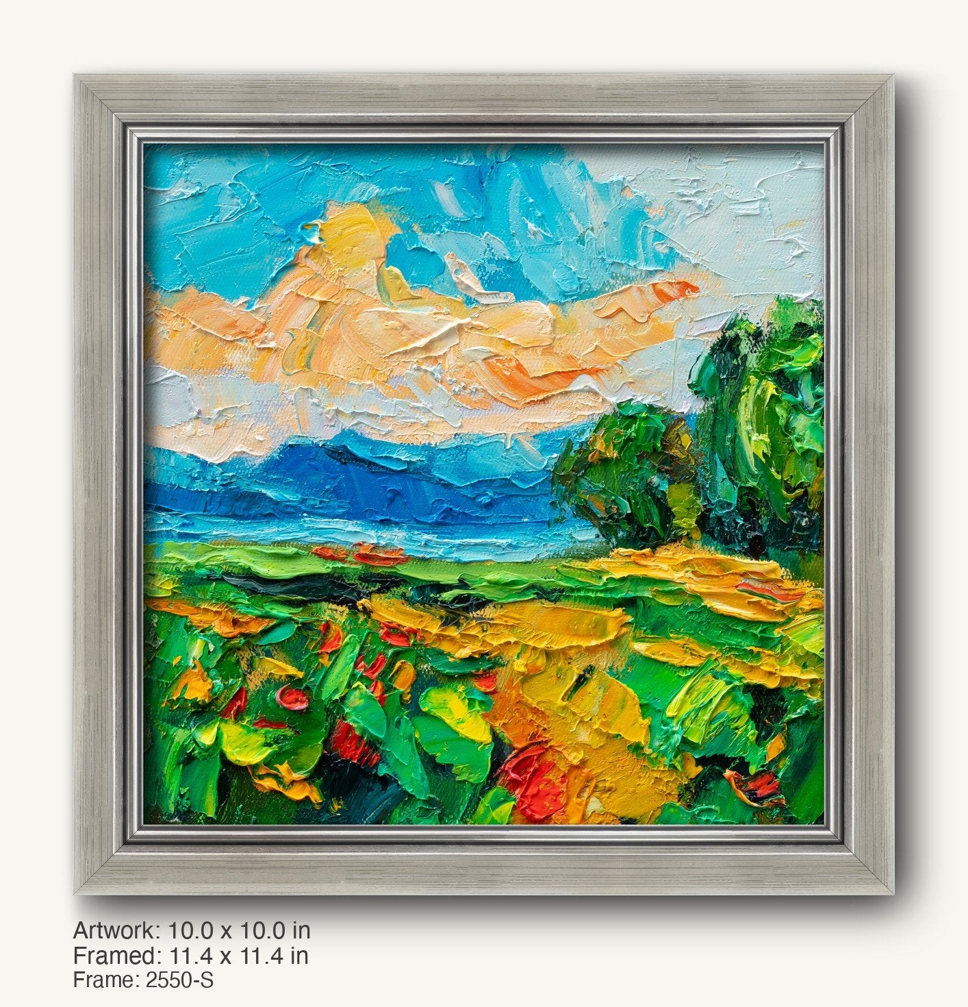 Impasto floral field sunset painting in a cool silver modern slim frame, vibrant colors and textured brushwork on canvas