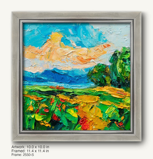 Impasto floral field sunset painting in a cool silver modern slim frame, vibrant colors and textured brushwork on canvas