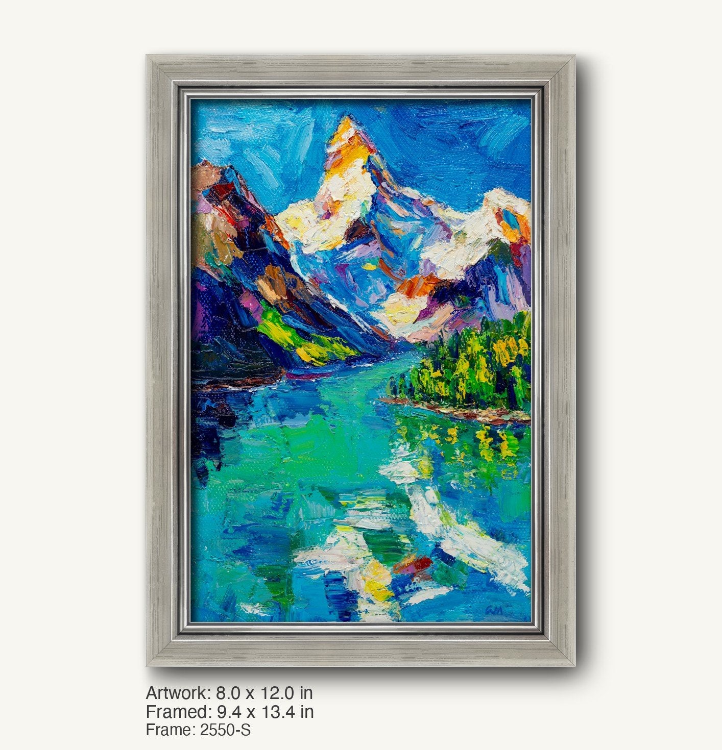 Vertical oil painting of an alpine lake with snow-capped mountains, framed in a cool silver modern slim frame with subtle texture and beveled edges