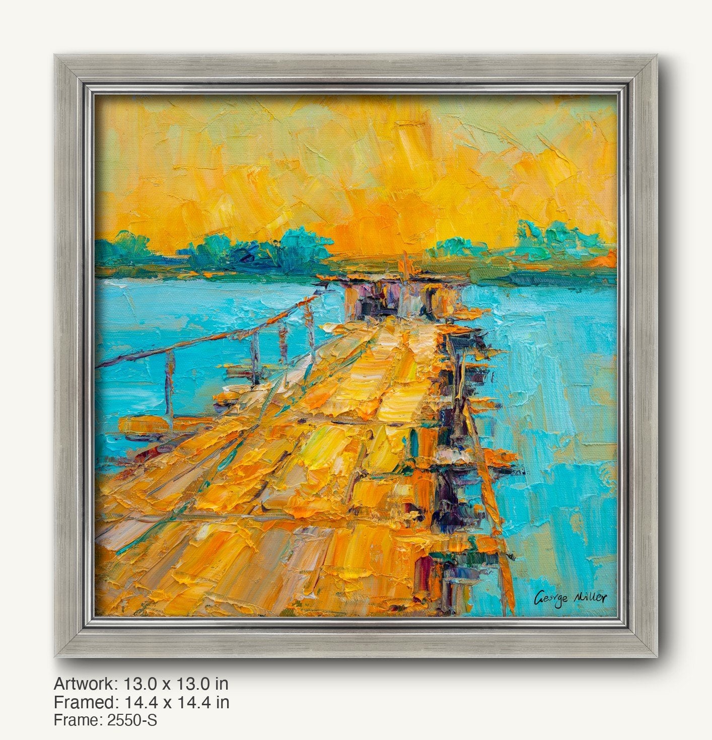 Hand-painted dock scene in warm gold and blue tones, framed in a sleek silver-gray modern slim frame with subtle texture, showcasing an impressionistic landscape on canvas.