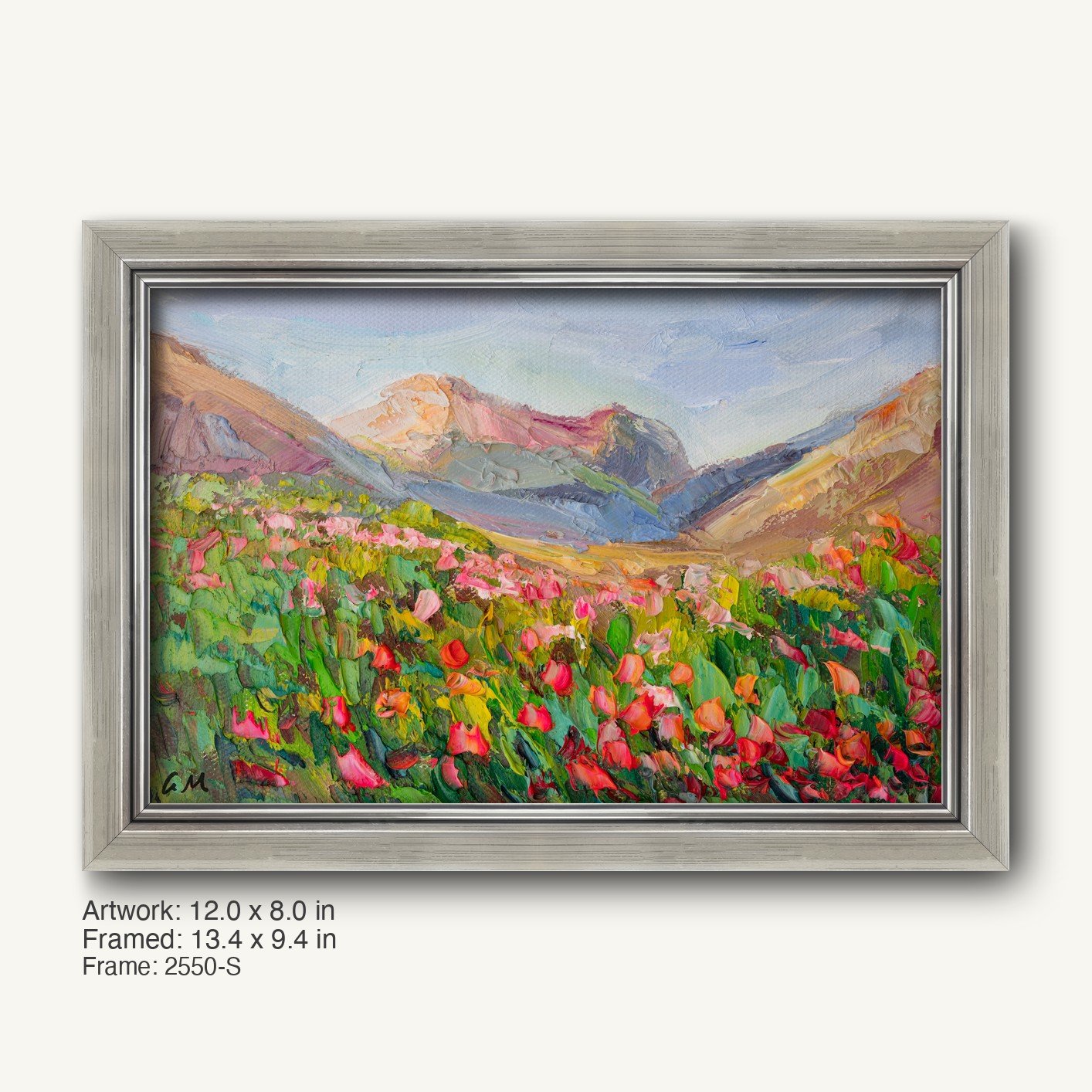Hand-painted poppy meadow landscape in a cool silver ornate frame, featuring vibrant red and pink flowers against green hills and distant mountains, horizontal composition