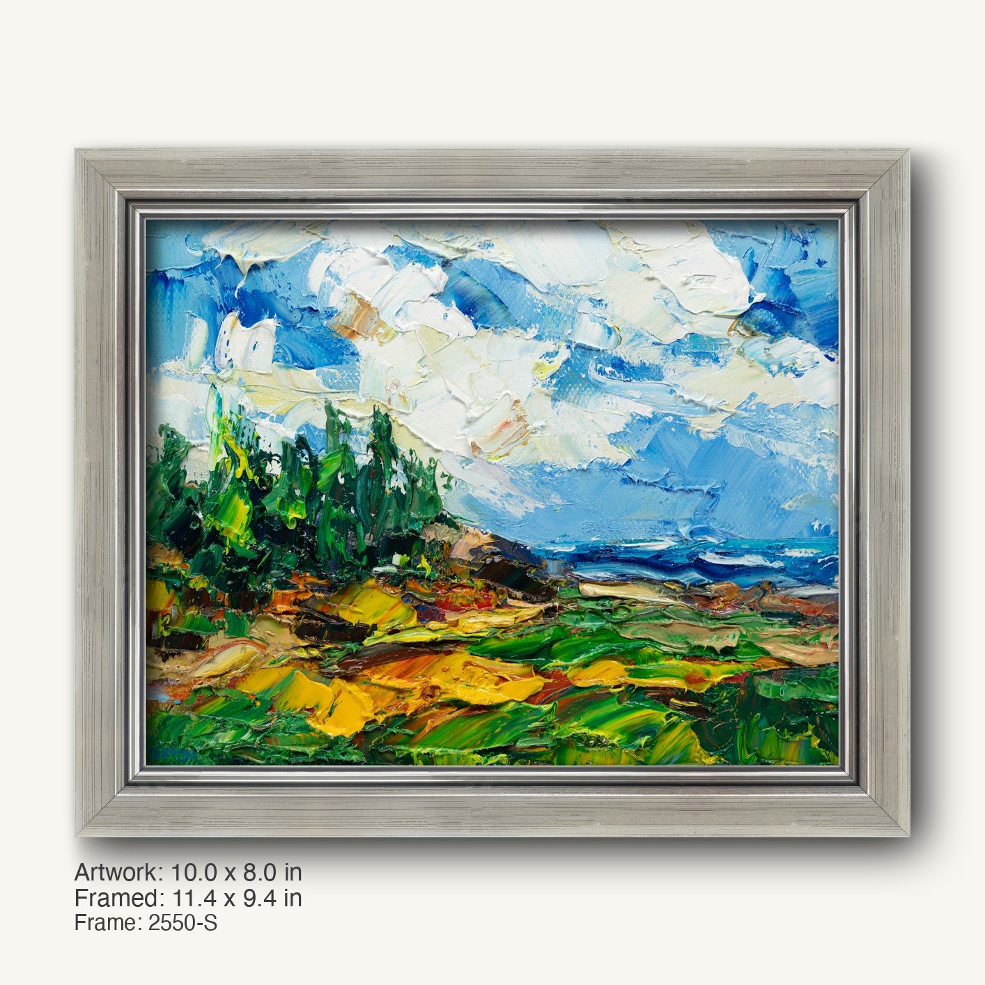 Coastal landscape oil painting with thick impasto texture in a cool silver modern slim frame, featuring blue sky, green trees, and yellow fields