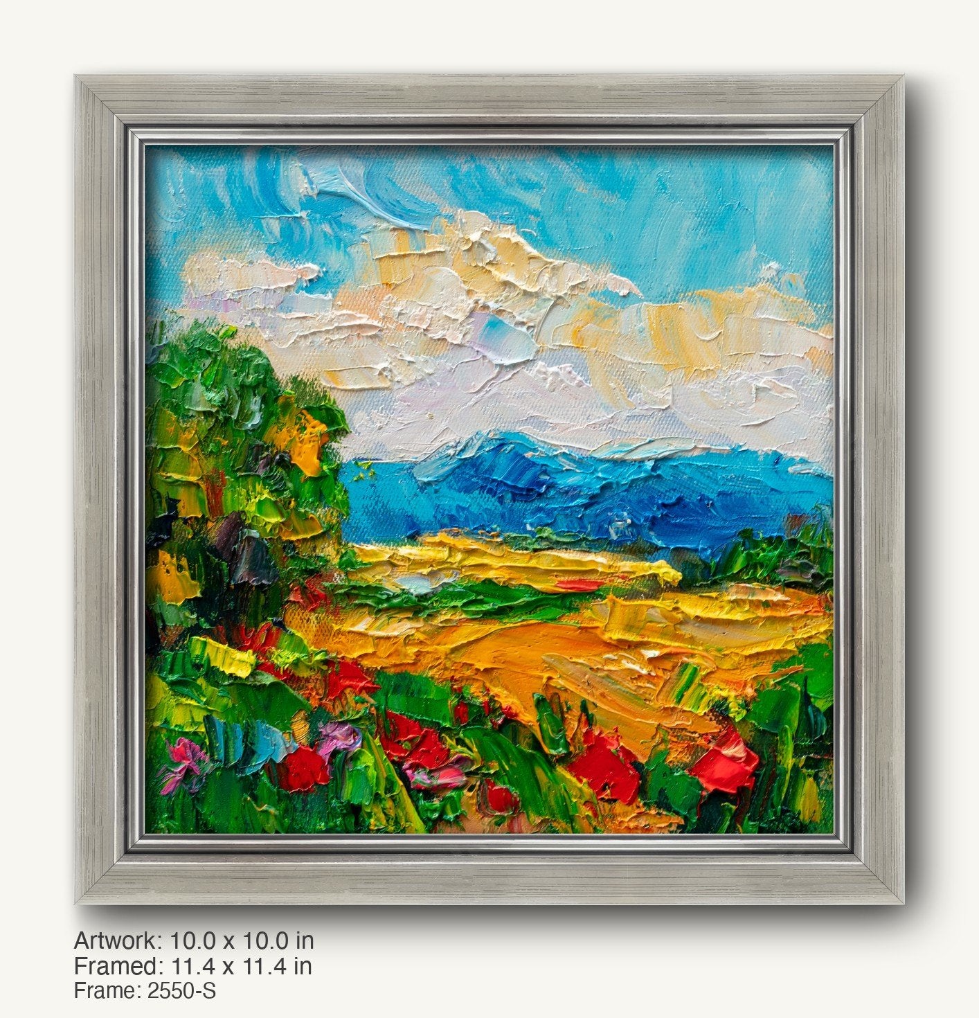 Textured oil painting of a vibrant mountain meadow with bold blues, greens, and yellows, framed in a modern slim silver frame with subtle brushed finish