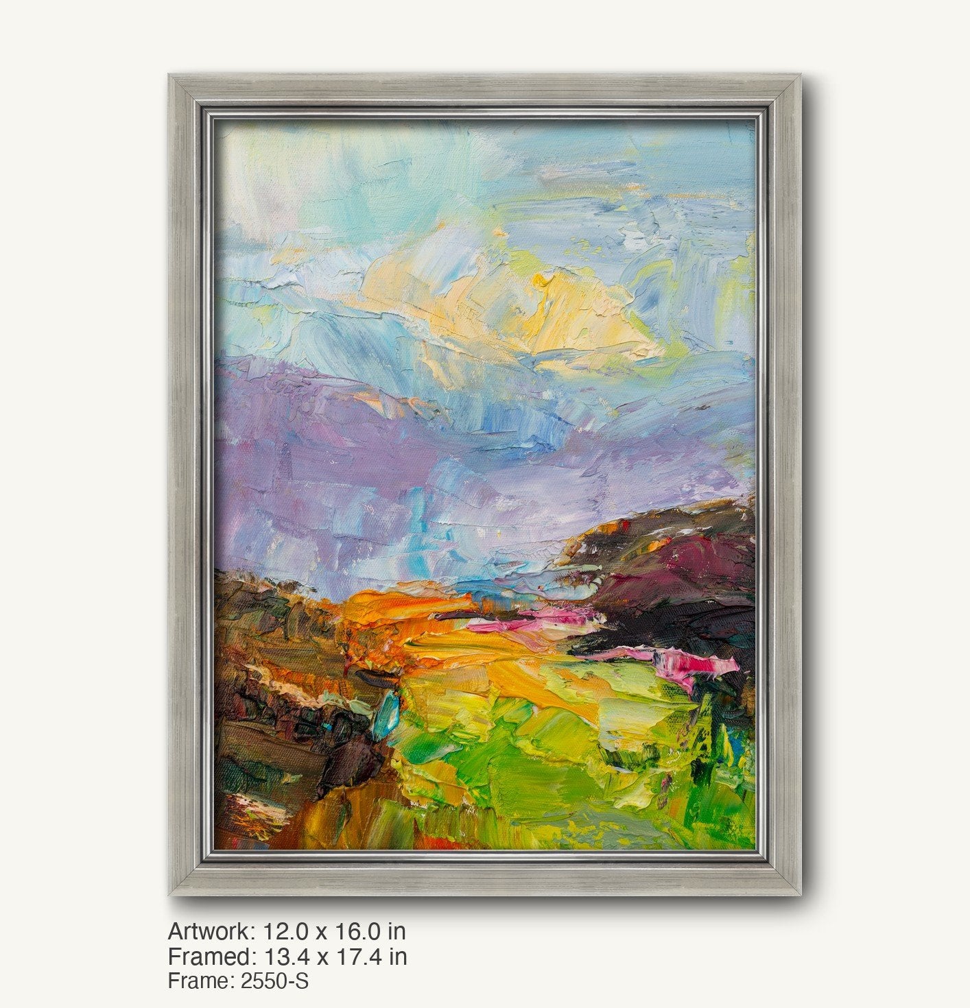 Vertical abstract landscape oil painting with bold palette knife textures in blue, green, and yellow, displayed in a cool silver modern slim frame