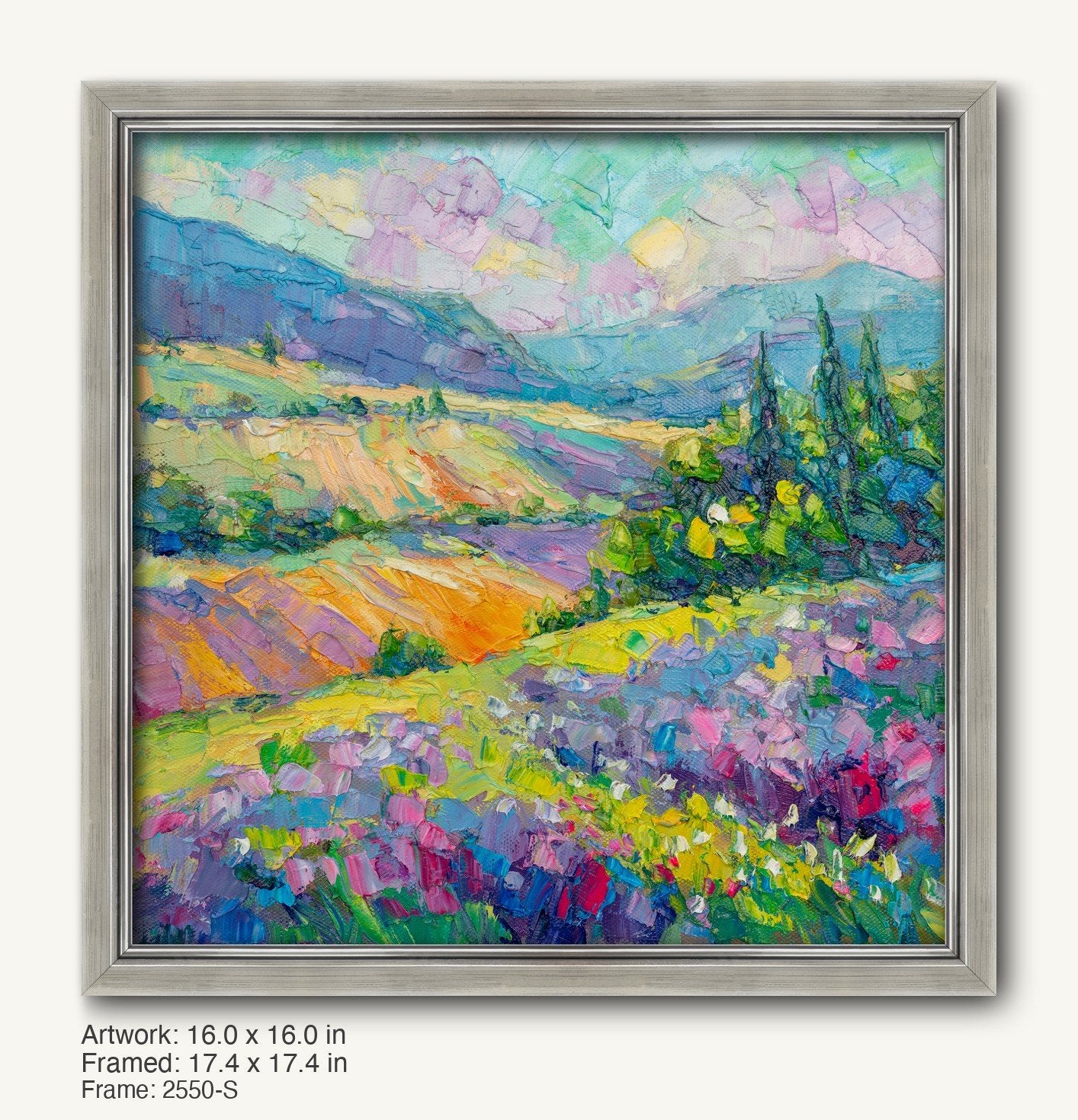 Vibrant impressionist landscape painting of rolling hills and wildflowers in a cool silver ornate frame, showcasing textured oil brushwork on canvas