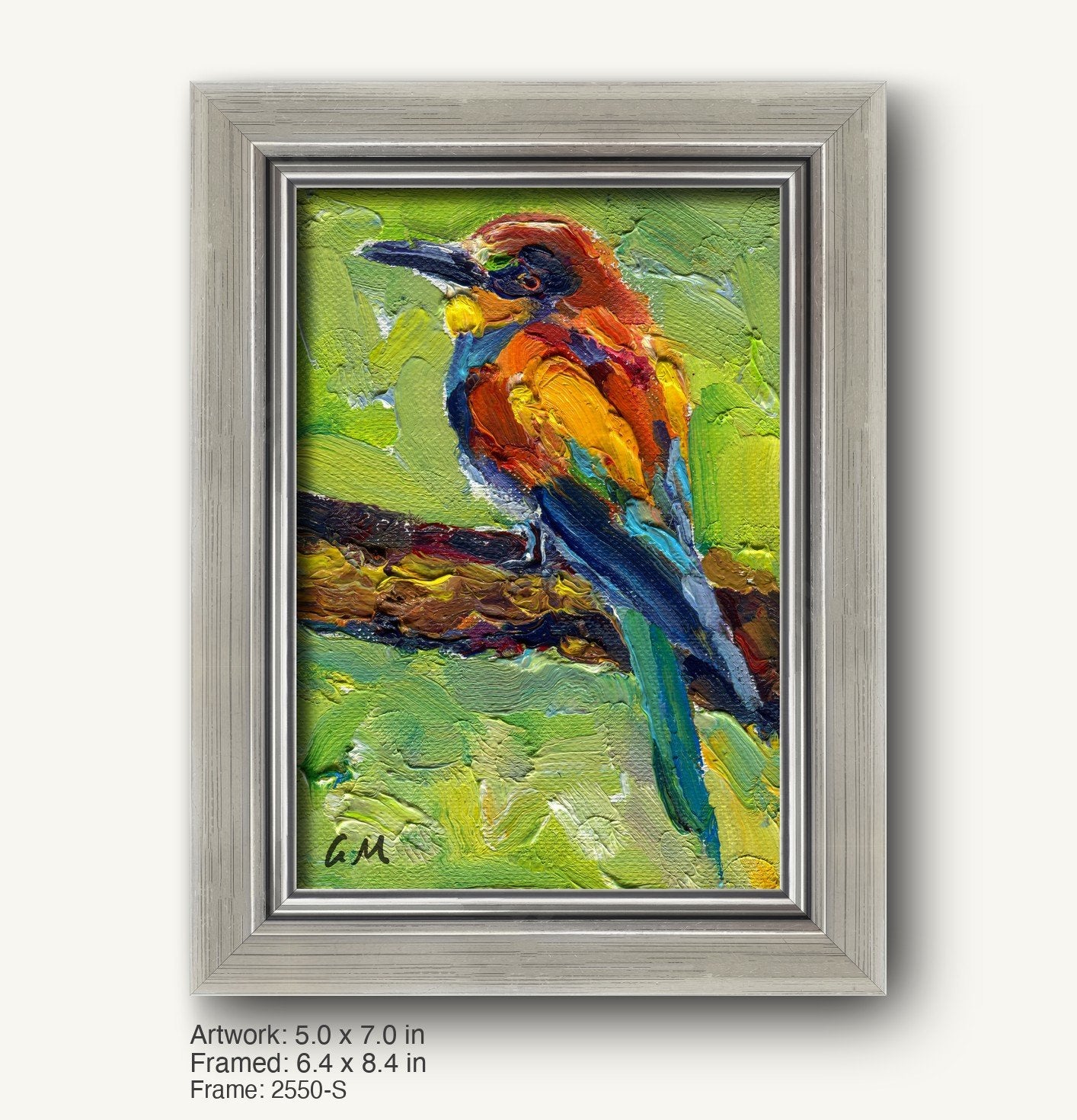 Vibrant oil painting of a colorful bird perched on a branch, framed in a modern slim silver frame with textured finish, set against a light background