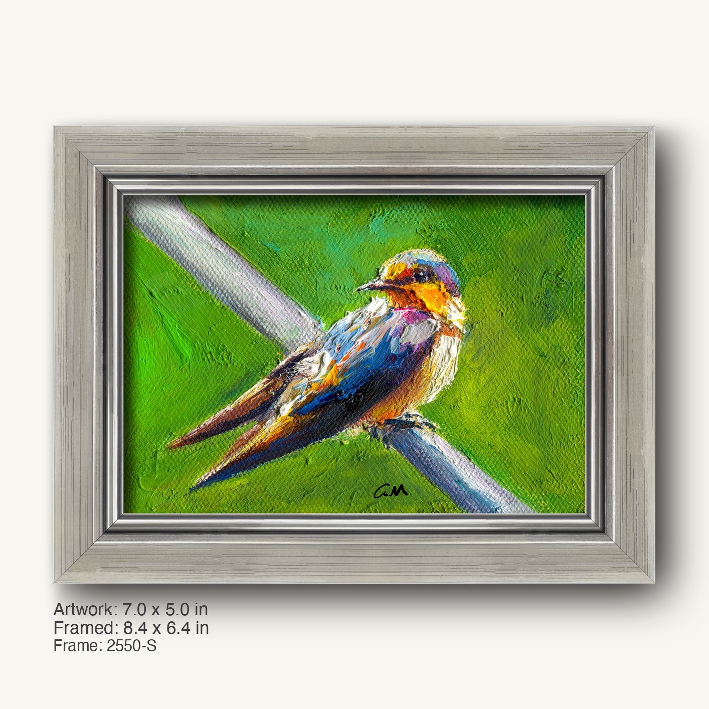 Vibrant oil painting of a colorful bird perched on wire, set in a sleek silver-gray frame with modern slim profile, showcasing textured impasto brushwork against a green background.