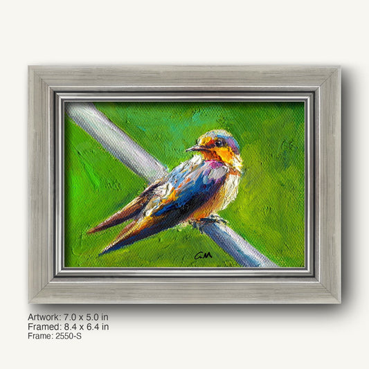 Vibrant oil painting of a colorful bird perched on wire, set in a sleek silver-gray frame with modern slim profile, showcasing textured impasto brushwork against a green background.