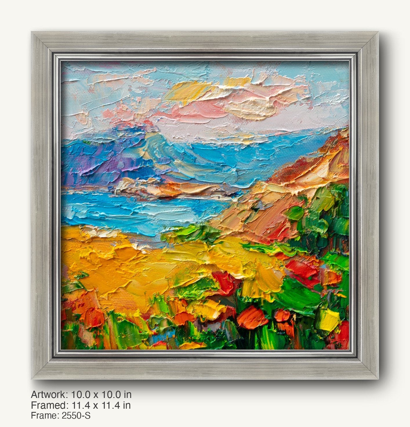 Hand-painted coastal sunset in a cool silver ornate frame, featuring textured oil brushwork with vibrant blues, yellows, and greens on canvas
