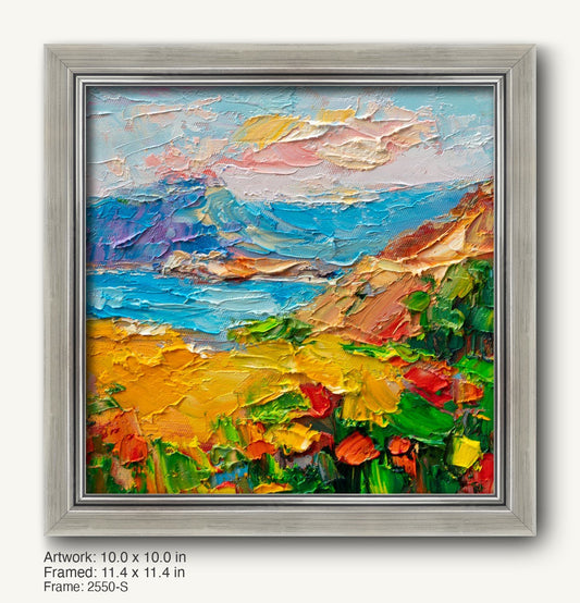 Hand-painted coastal sunset in a cool silver ornate frame, featuring textured oil brushwork with vibrant blues, yellows, and greens on canvas