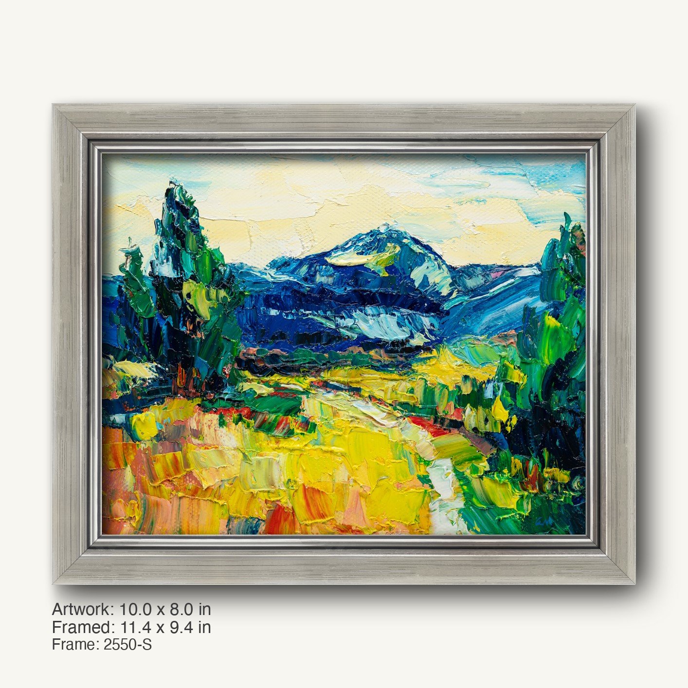 Vibrant mountain landscape oil painting in a cool silver modern slim frame, featuring bold blues, greens, and yellows with textured brushwork on canvas