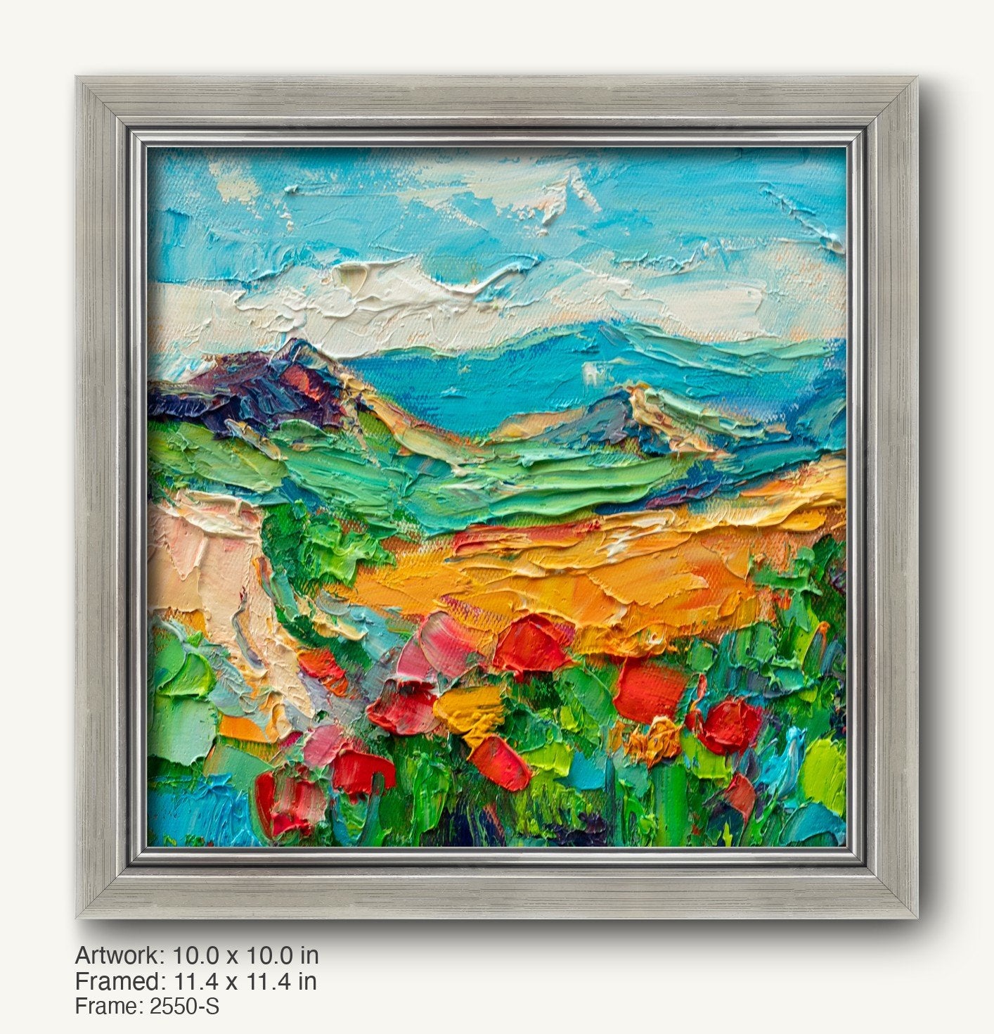 Vibrant impasto landscape painting of mountain meadow with red flowers, framed in sleek silver modern slim frame, showcasing textured oil on canvas