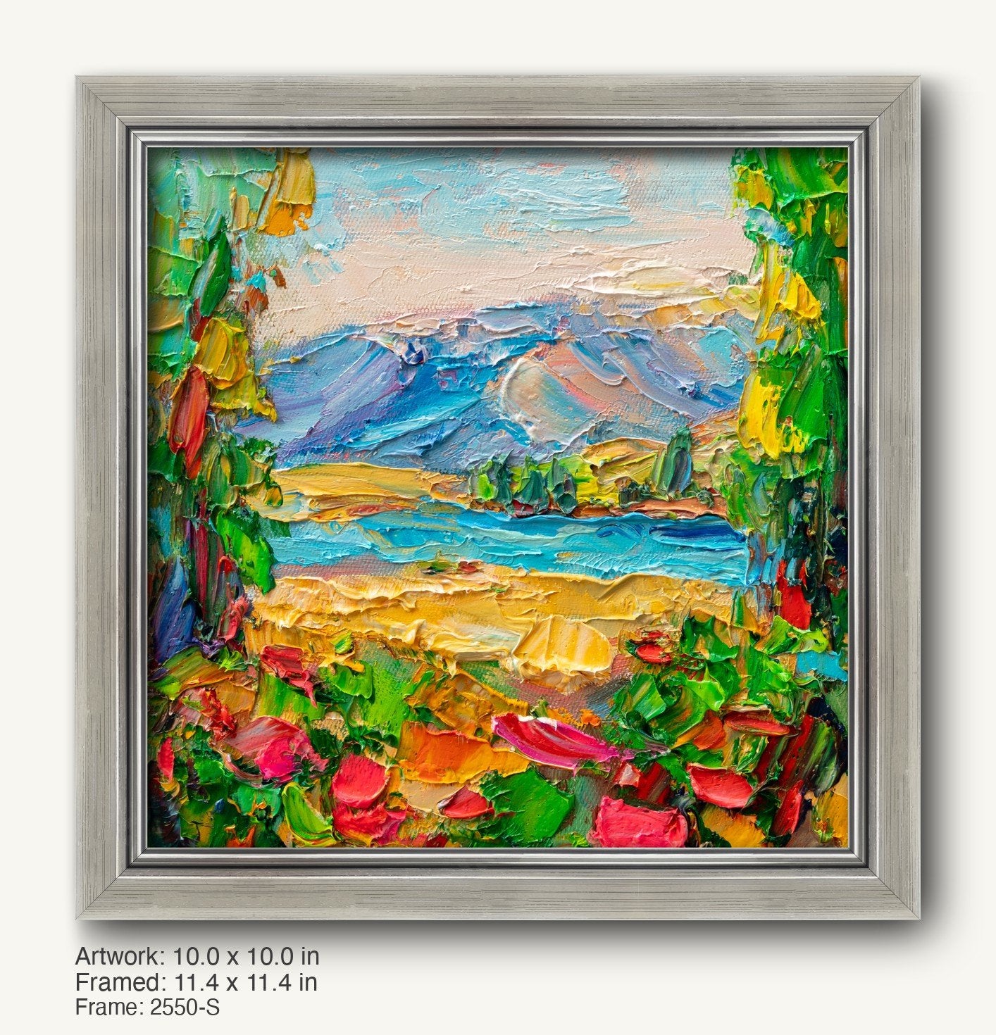 Hand-painted mountain lake scene in a cool silver modern slim frame, vibrant abstract landscape with textured oil brushwork on canvas
