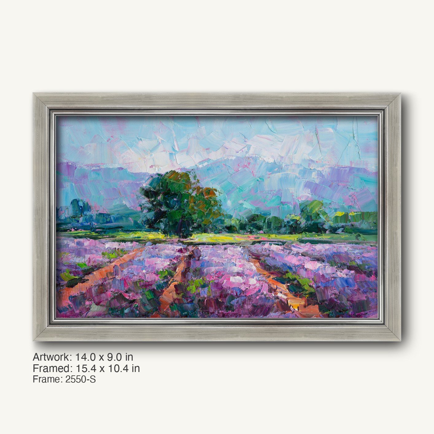 Lavender field oil painting in a cool silver modern slim frame, horizontal landscape with purple blooms, green trees, and textured brushwork