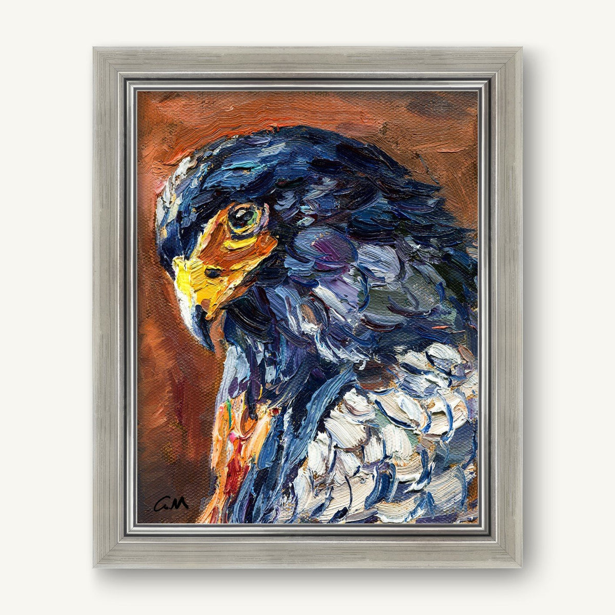 Expressive oil painting of a hawk with bold blue, brown, and white brushstrokes, framed in silver against a neutral background