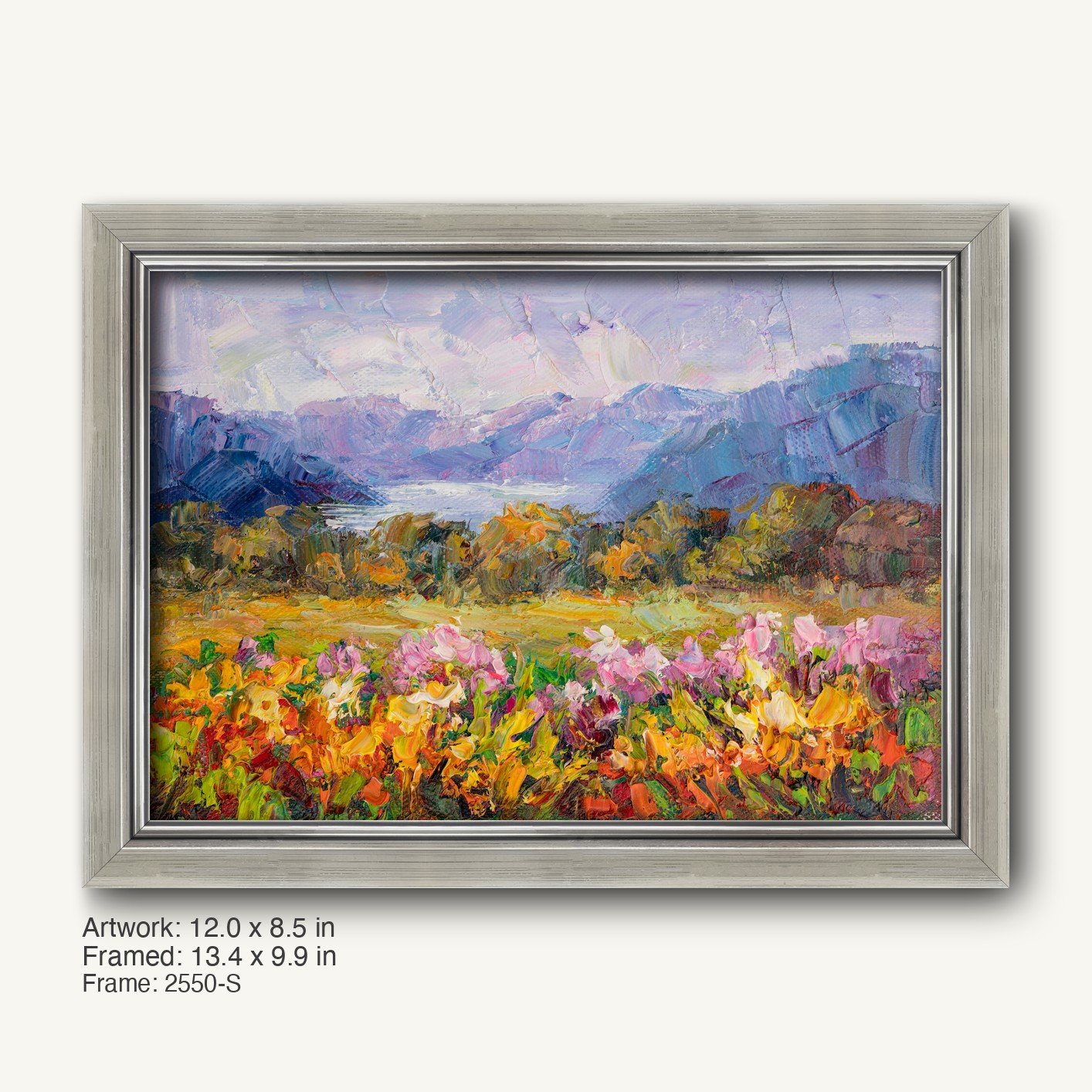 Hand-painted mountain meadow landscape in a cool silver ornate frame, featuring vibrant floral foreground and distant purple mountains under soft sky