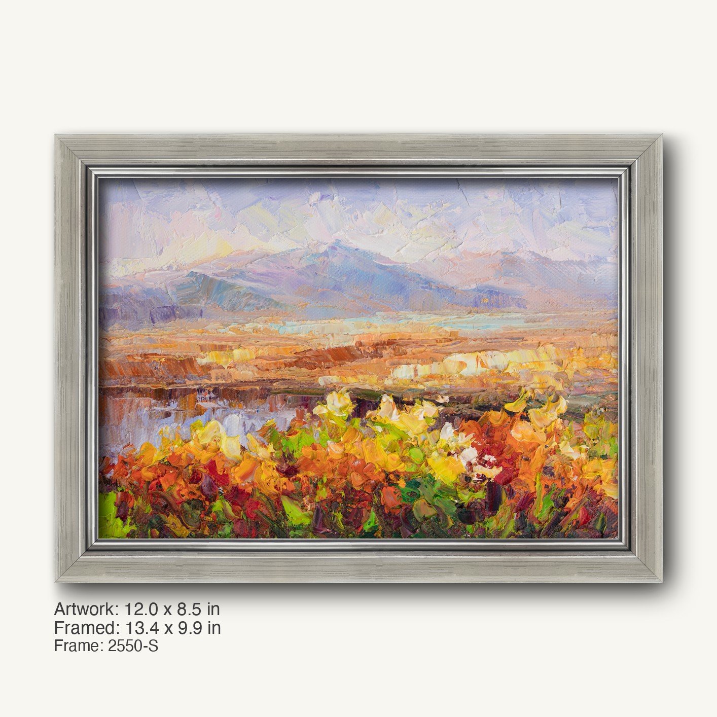 Sunset Desert Bloom oil painting in a modern slim silver frame, featuring vibrant floral foreground and distant mountains under a soft sky