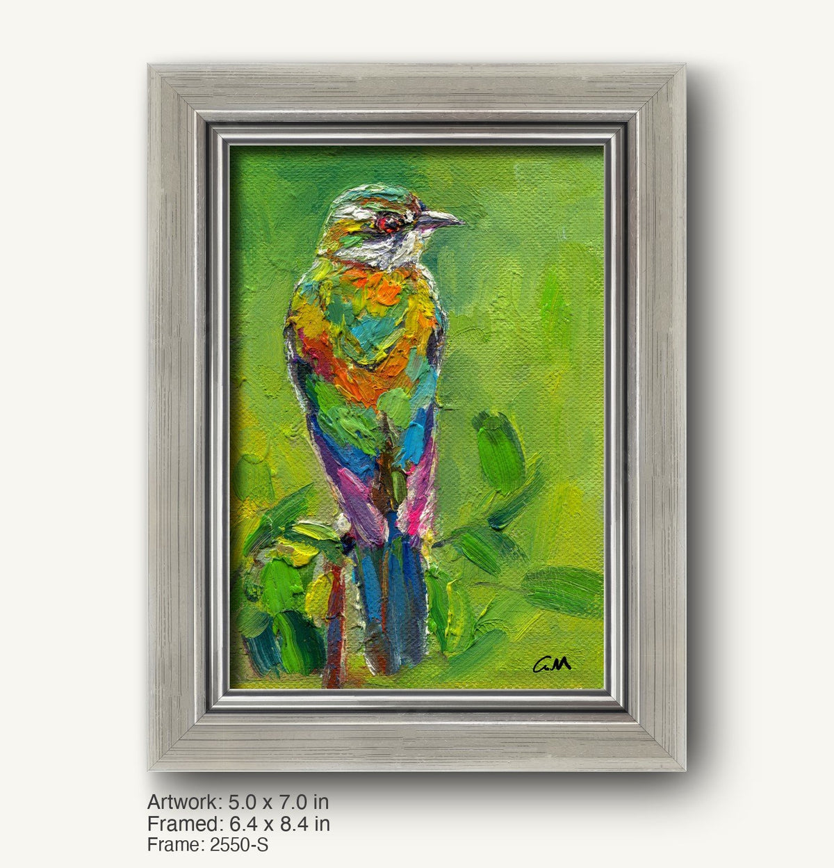 Vibrant oil painting of a colorful bird on green background, framed in sleek silver-gray modern frame with subtle texture and clean profile