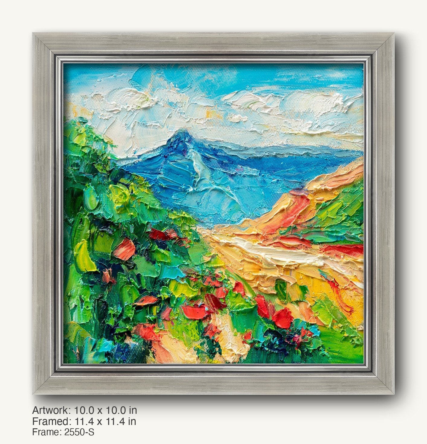 Abstract mountain landscape oil painting in a cool silver modern slim frame, vibrant colors and textured brushwork on canvas