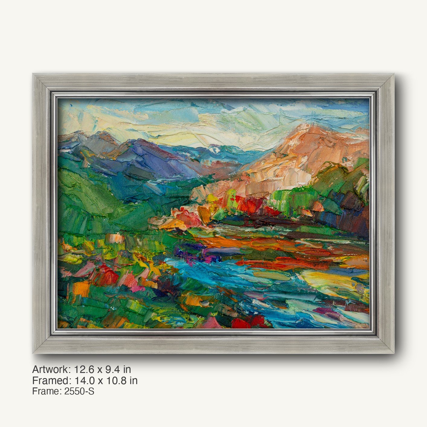 Abstract mountain river scene oil painting in a modern slim silver frame, featuring vibrant greens, blues, and earth tones with textured brushwork