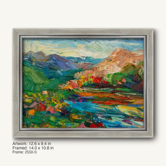 Abstract mountain river scene oil painting in a modern slim silver frame, featuring vibrant greens, blues, and earth tones with textured brushwork