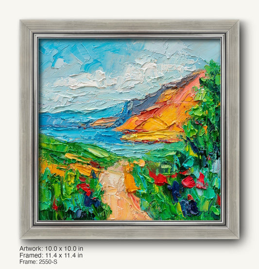 Textured oil landscape painting in a cool silver modern slim frame, featuring vibrant green, blue, and yellow hues with a winding path through rolling hills and distant mountains