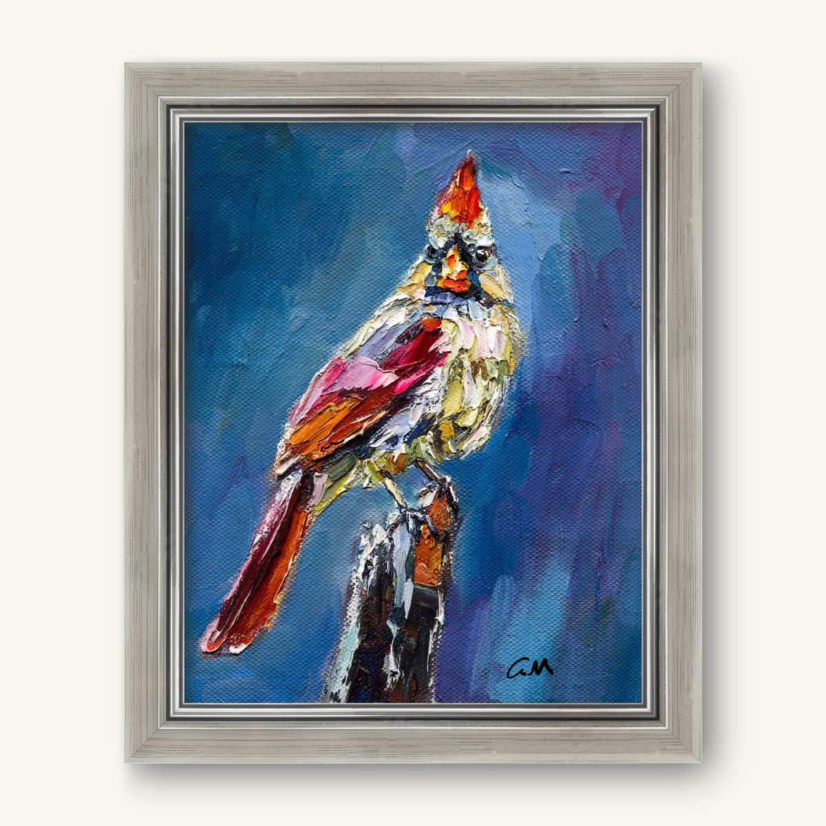 Expressive oil painting of a cardinal bird perched on a branch, framed in silver, vibrant red and blue colors, textured brushwork, vertical composition