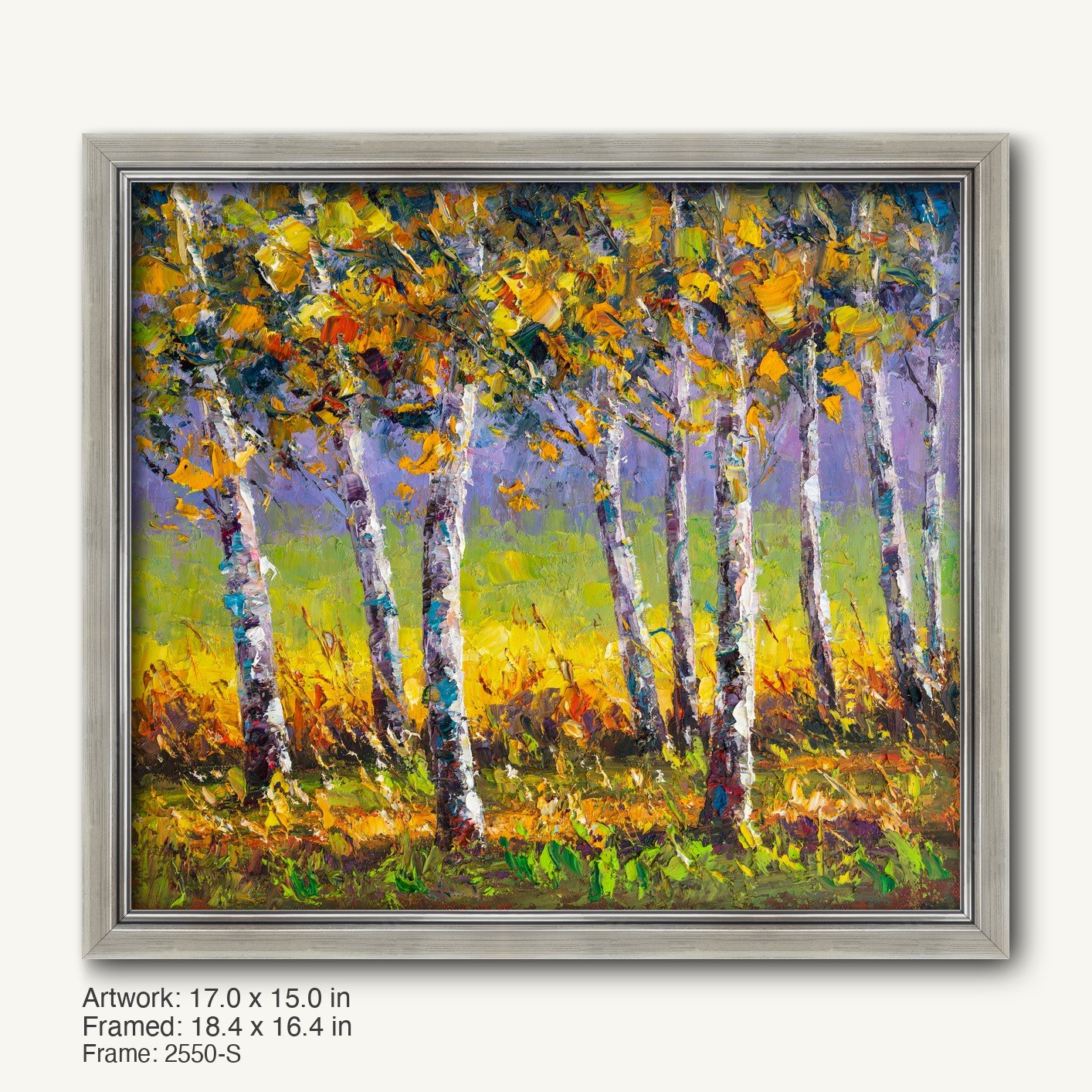 Autumn birch forest oil painting in a cool silver modern slim frame, horizontal composition with vibrant yellow and green foliage on canvas