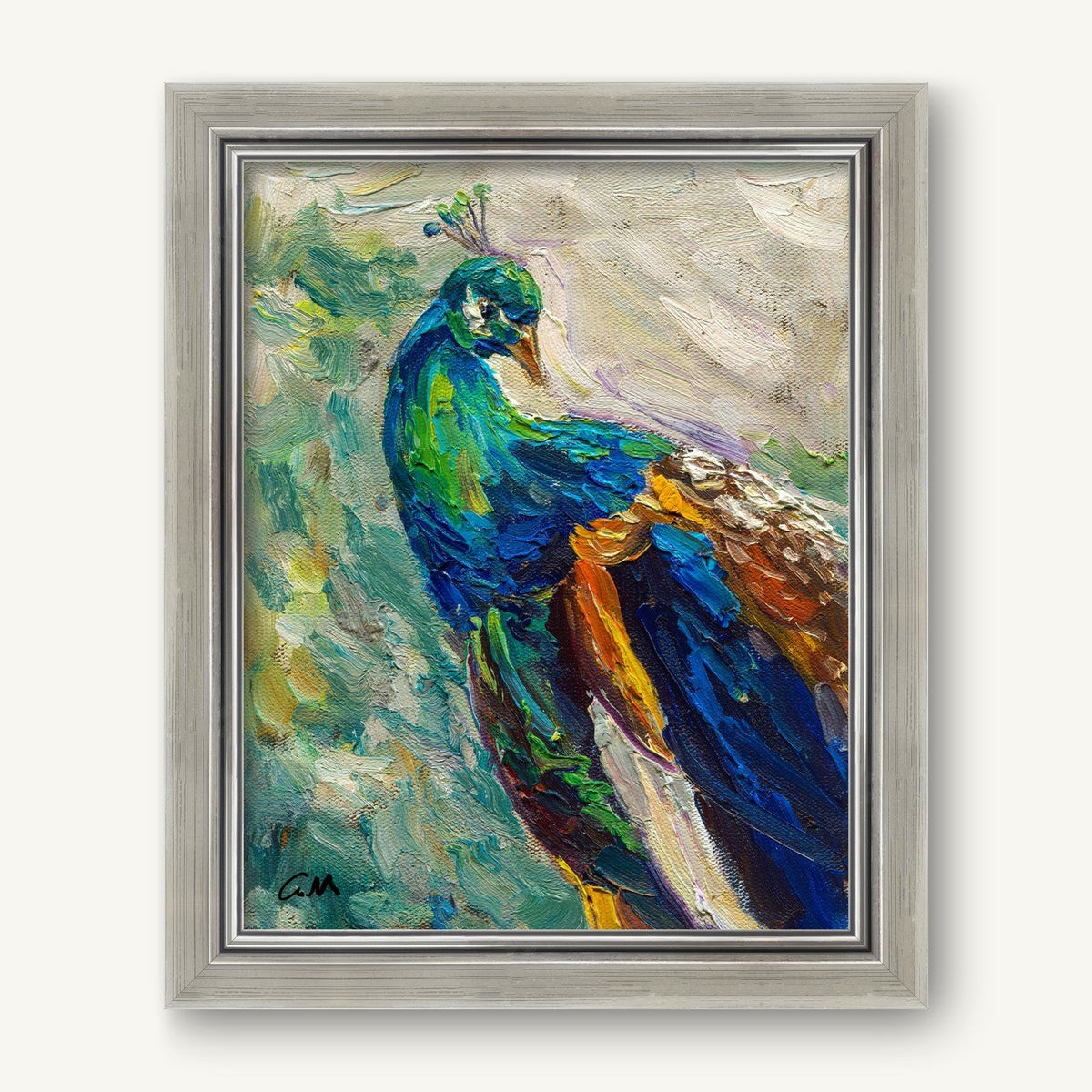 Vibrant oil painting of a peacock in impressionistic style, framed in silver, showcasing rich blues, greens, and yellows with textured brushwork on canvas.