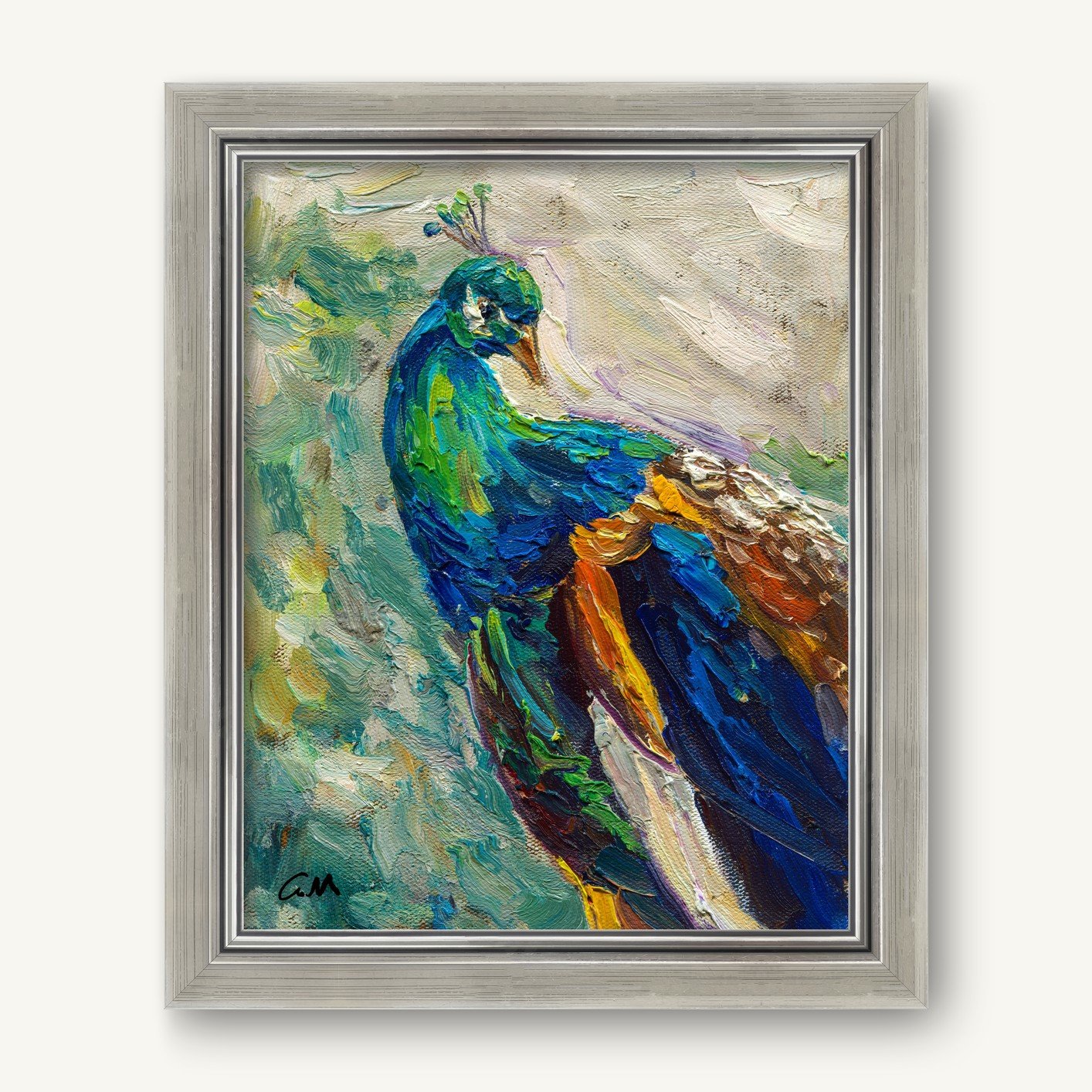 Vibrant oil painting of a peacock in impressionistic style, framed in silver, showcasing rich blues, greens, and yellows with textured brushwork on canvas.