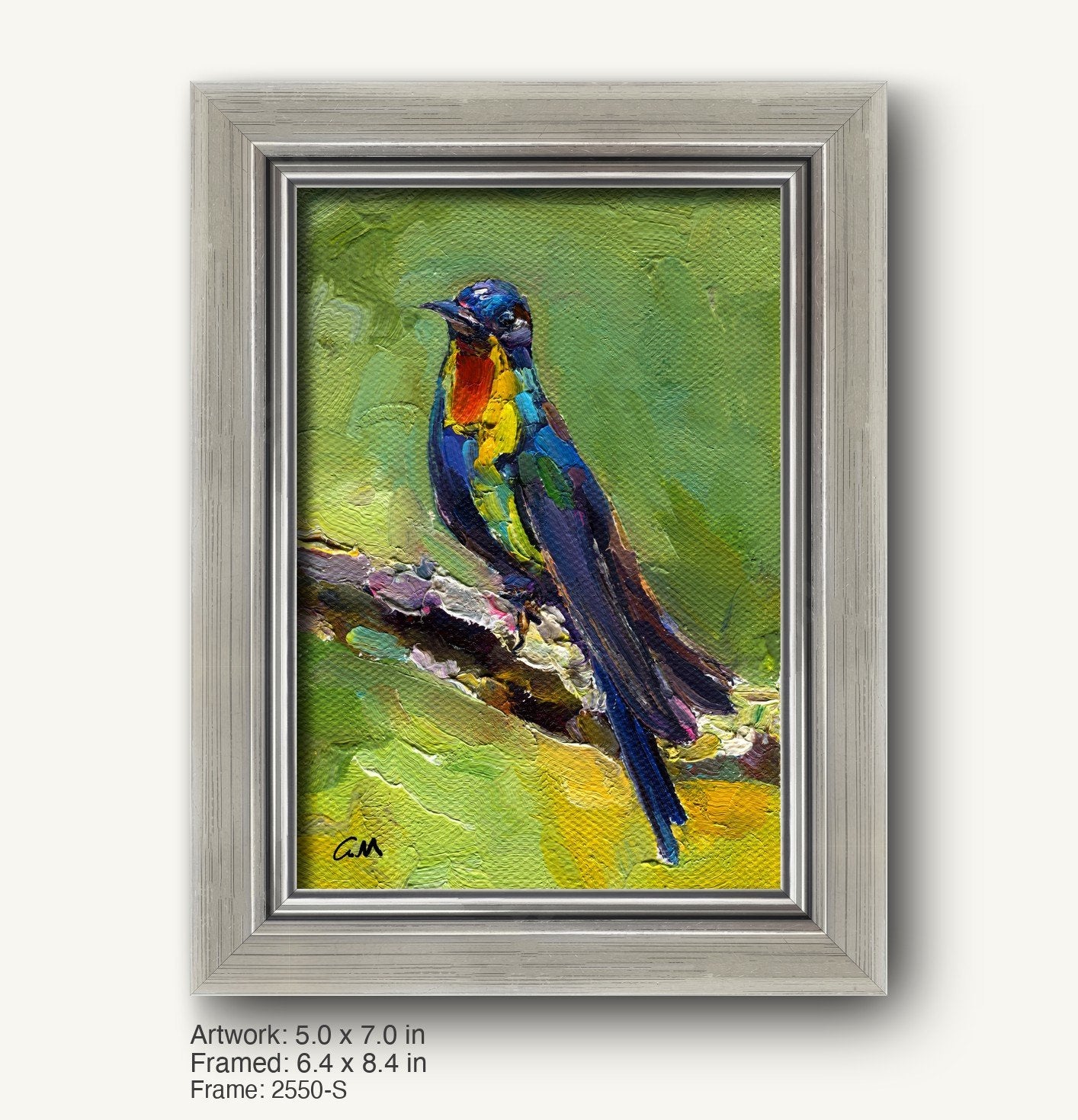 Vibrant abstract bird portrait in oil on canvas, framed in a sleek silver-gray modern slim frame with subtle texture, showcasing bold blue, green, and yellow hues against a textured green background.