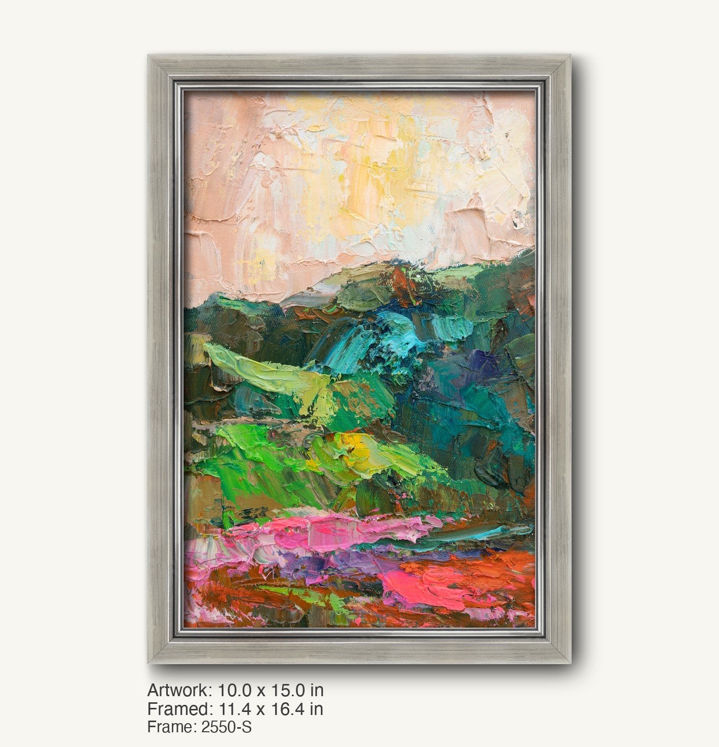 Vertical oil painting of a vibrant mountain landscape with textured green, pink, and yellow hues, displayed in a sleek silver-gray frame with a modern slim profile