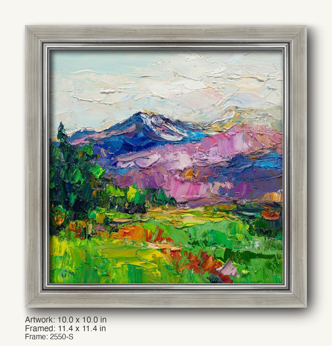 Expressive mountain landscape oil painting in a cool silver modern slim frame, featuring vibrant greens, purples, and blues with textured brushwork