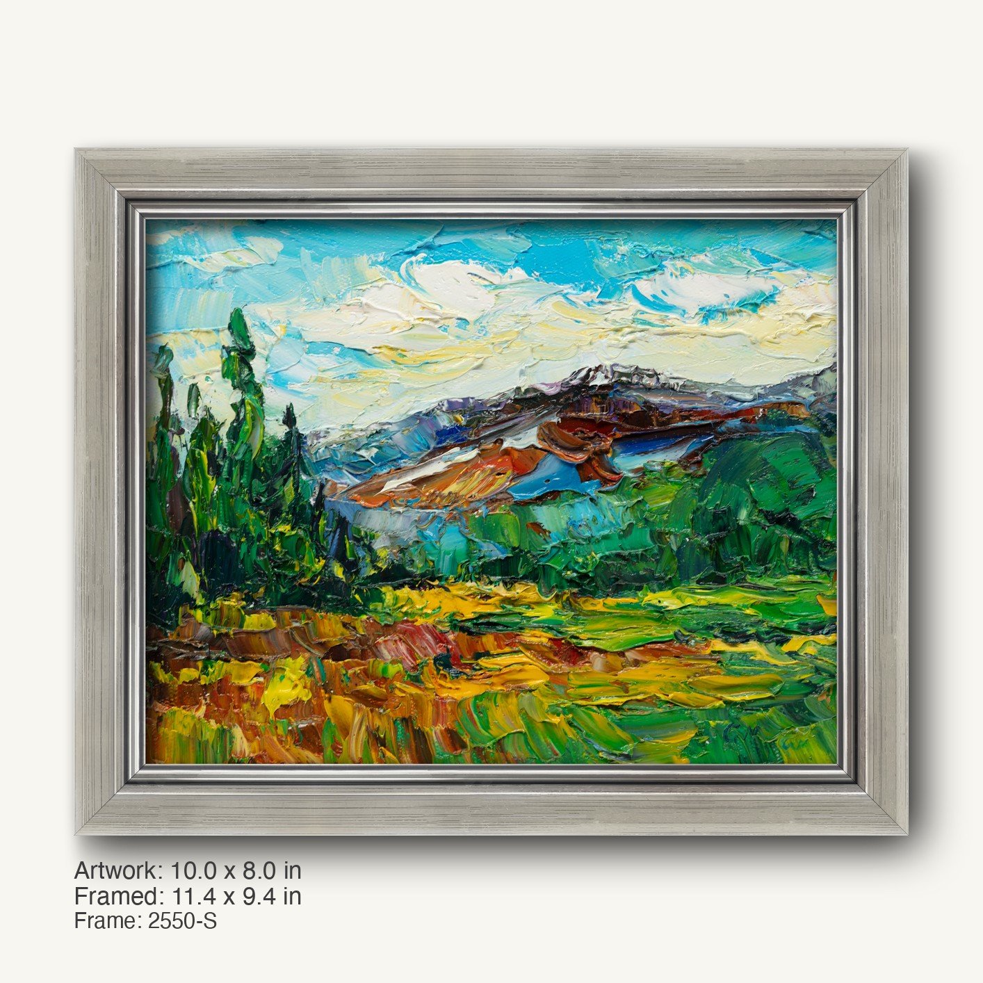 Impasto mountain landscape painting in a cool silver modern slim frame, featuring vibrant green, blue, and yellow hues with textured brushwork