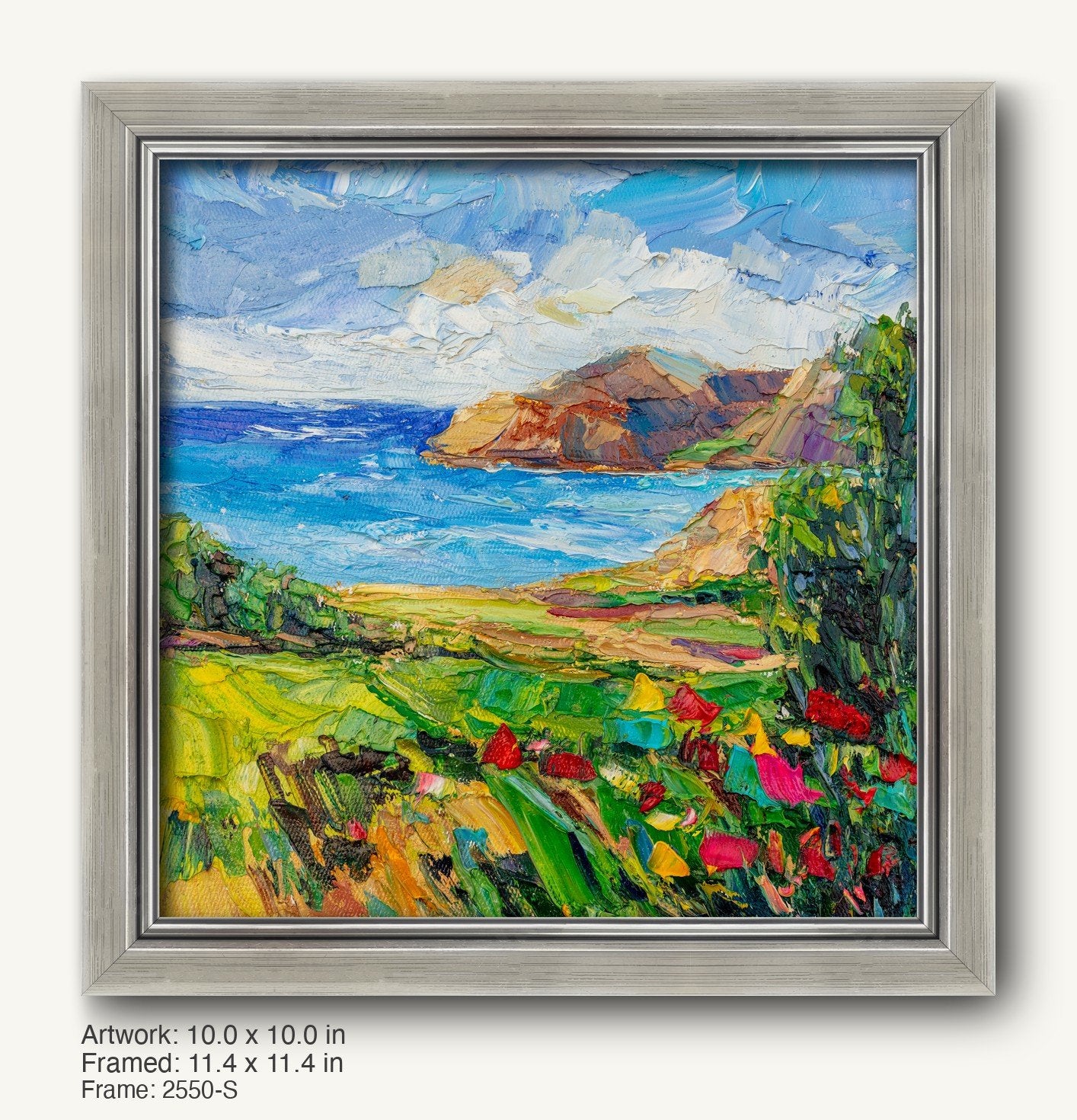 Coastal landscape oil painting in a cool silver modern slim frame, featuring vibrant blues, greens, and reds with textured brushwork and distant cliffs overlooking the sea