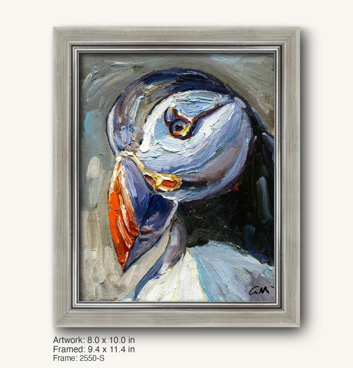 Expressive oil painting of a puffin in a cool silver frame, vertical composition with textured brushwork and bold blue, white, and orange colors
