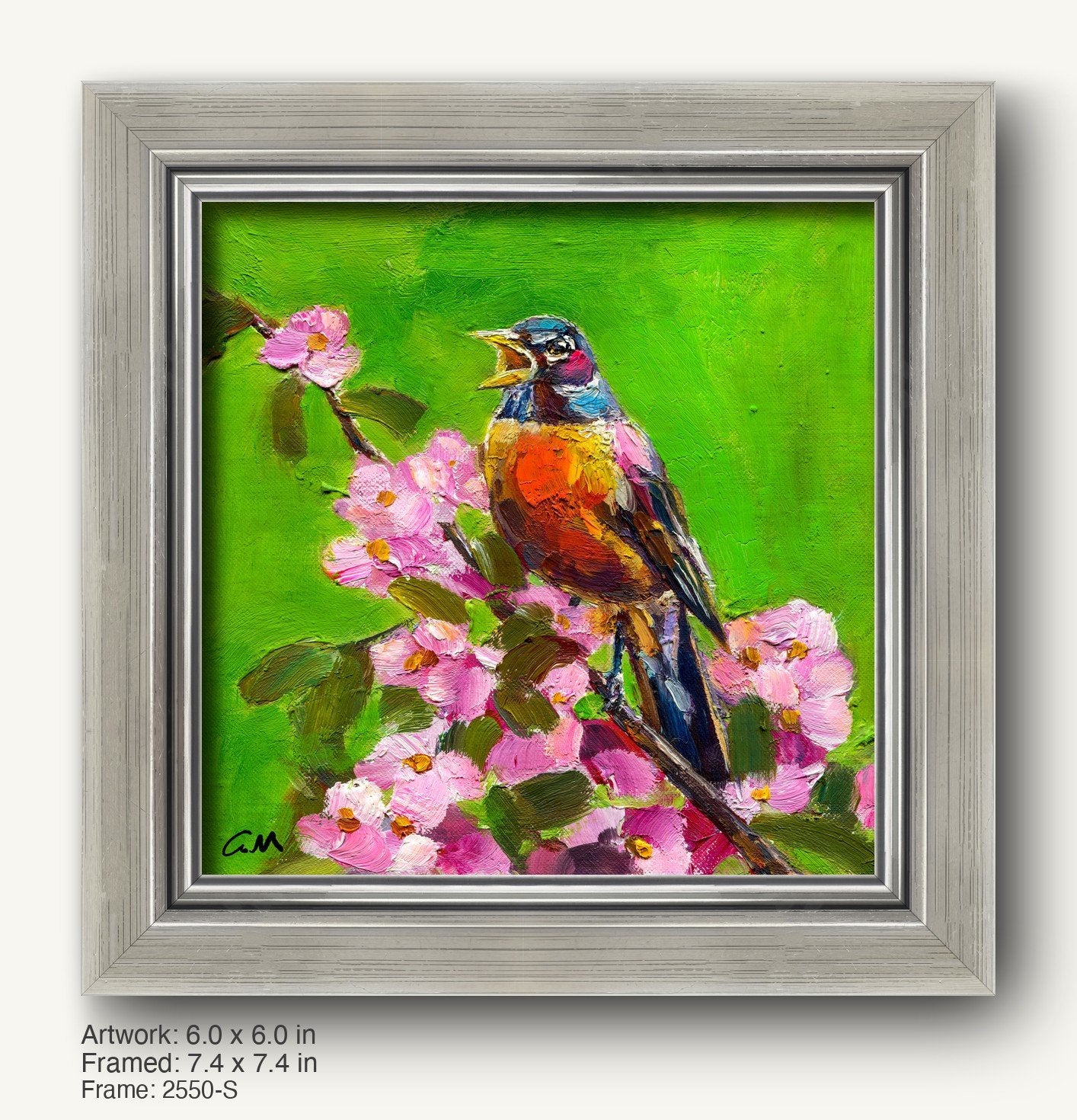 Hand-painted robin perched on blooming pink flowers against a vibrant green background, framed in a sleek silver-gray modern slim frame with subtle texture and beveled edges.