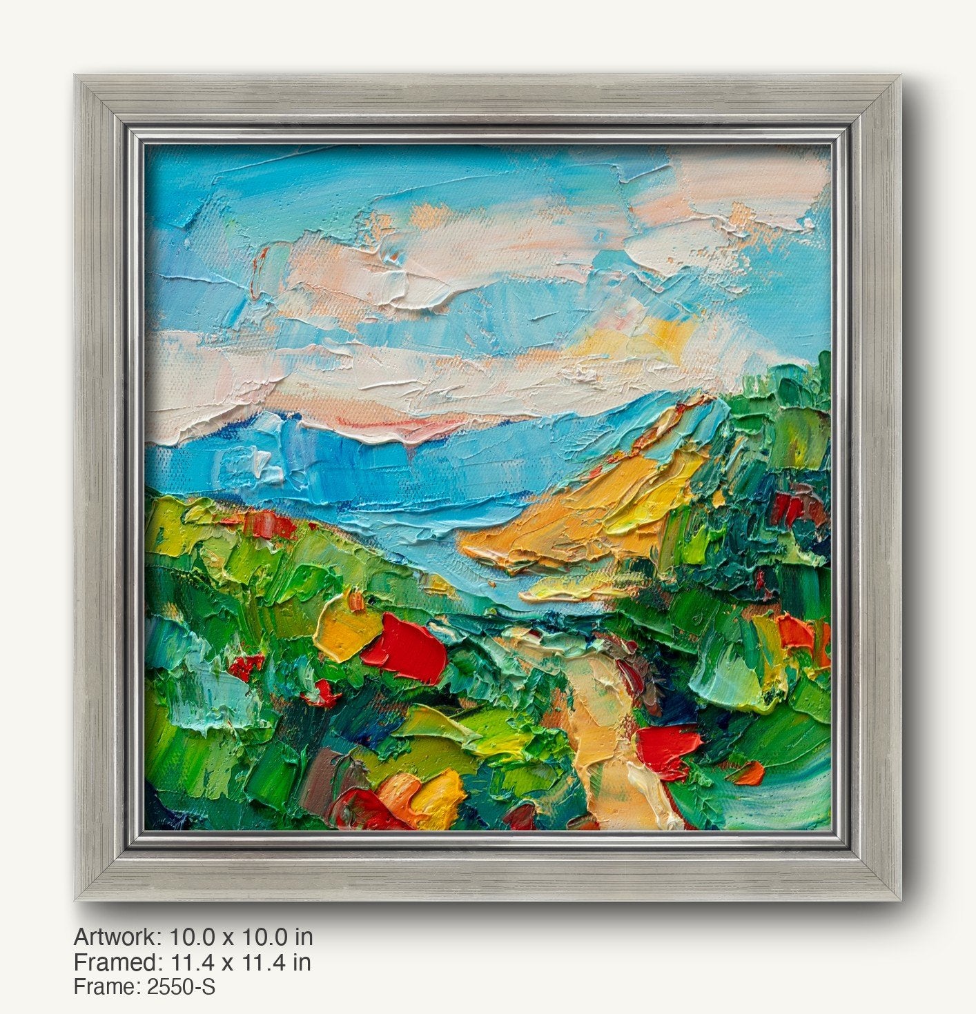 Abstract landscape oil painting in a cool silver modern slim frame, featuring textured brushwork with blue sky, green hills, and yellow accents on canvas