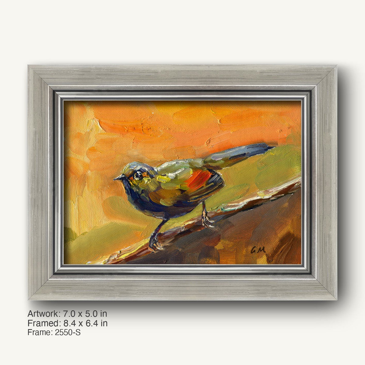 Oil painting of a colorful bird perched on a branch, rendered in impasto technique with vibrant orange, green, and blue hues, displayed in a sleek silver-gray frame with a modern slim profile.