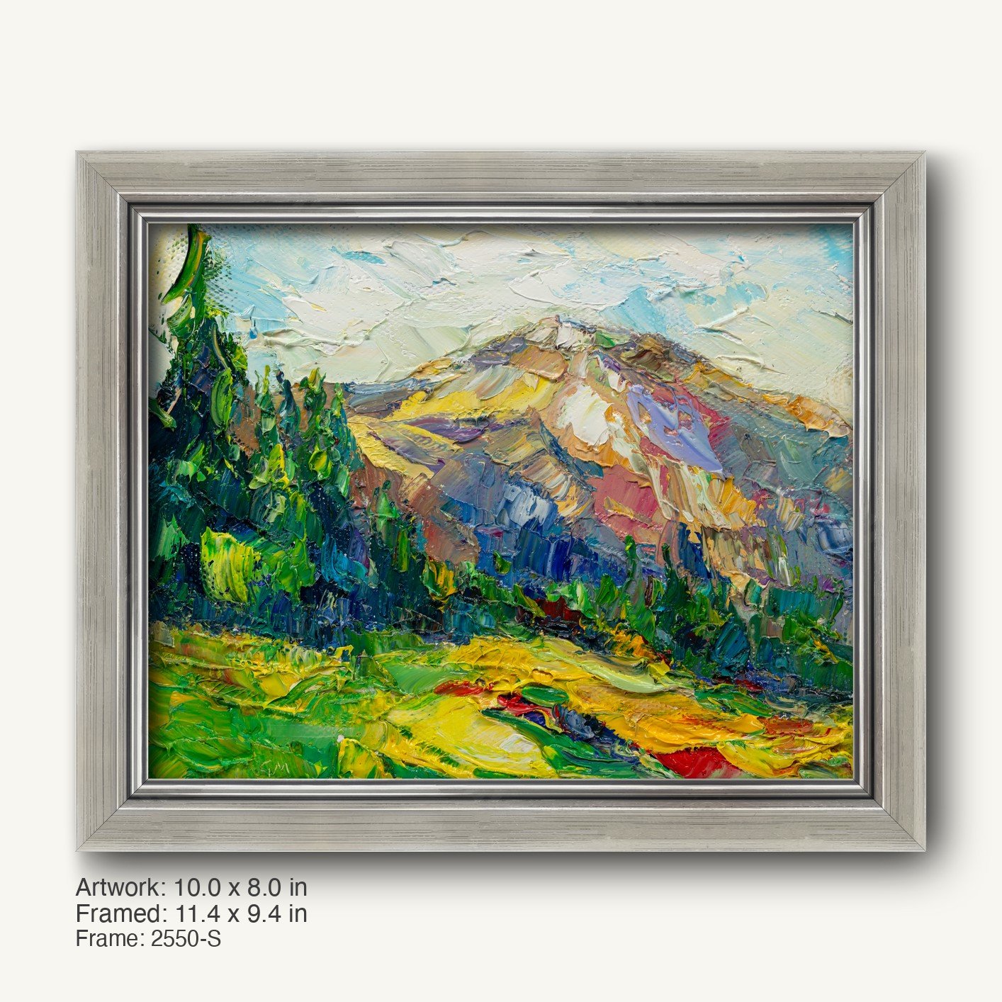 Serene mountain landscape oil painting in a cool silver modern slim frame, featuring vibrant greens, yellows, and blues with textured brushwork on canvas