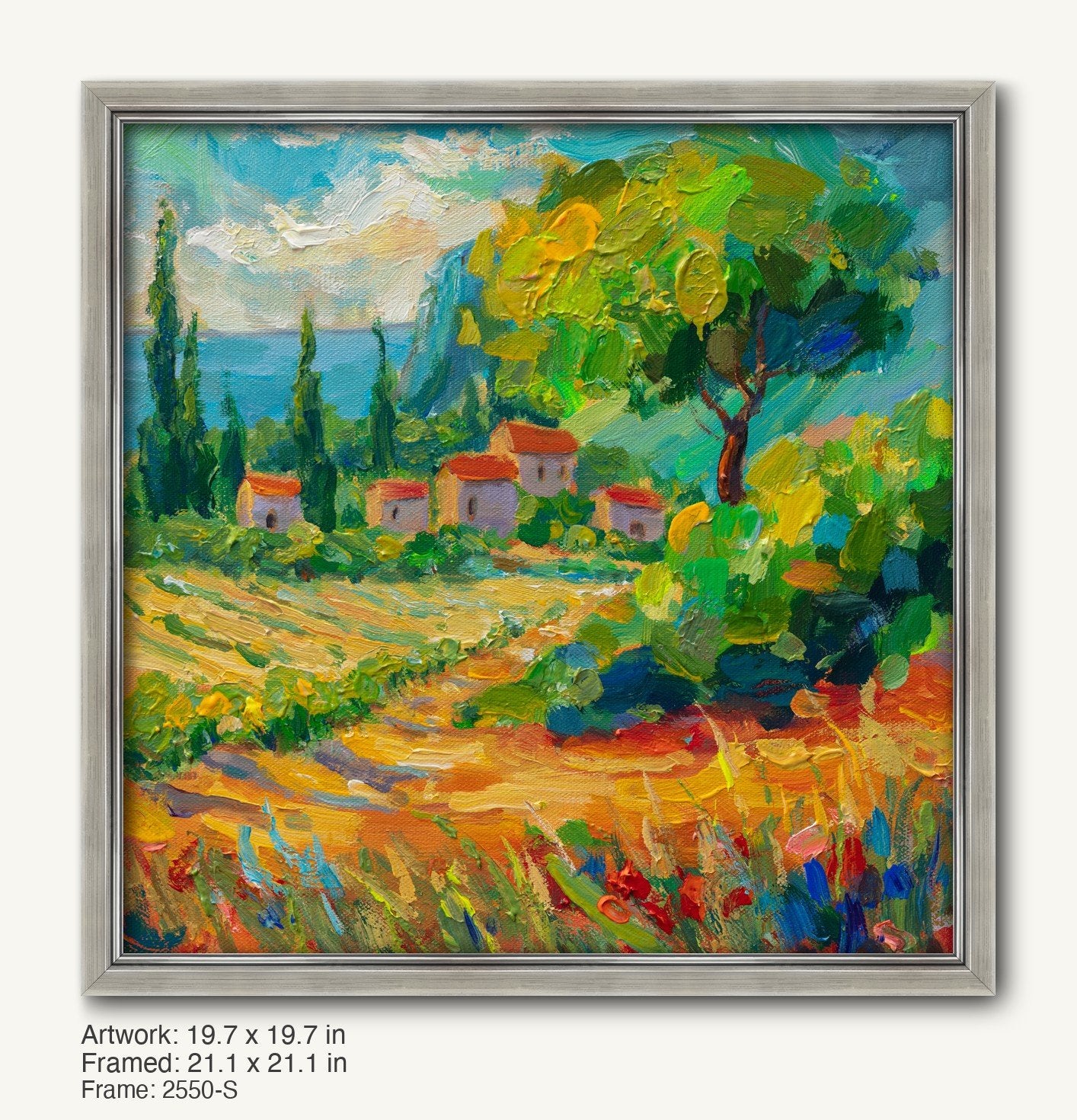 Mediterranean village landscape oil painting in a cool silver modern slim frame, vibrant greens and blues, textured brushwork, coastal scene with red-roofed houses and olive trees