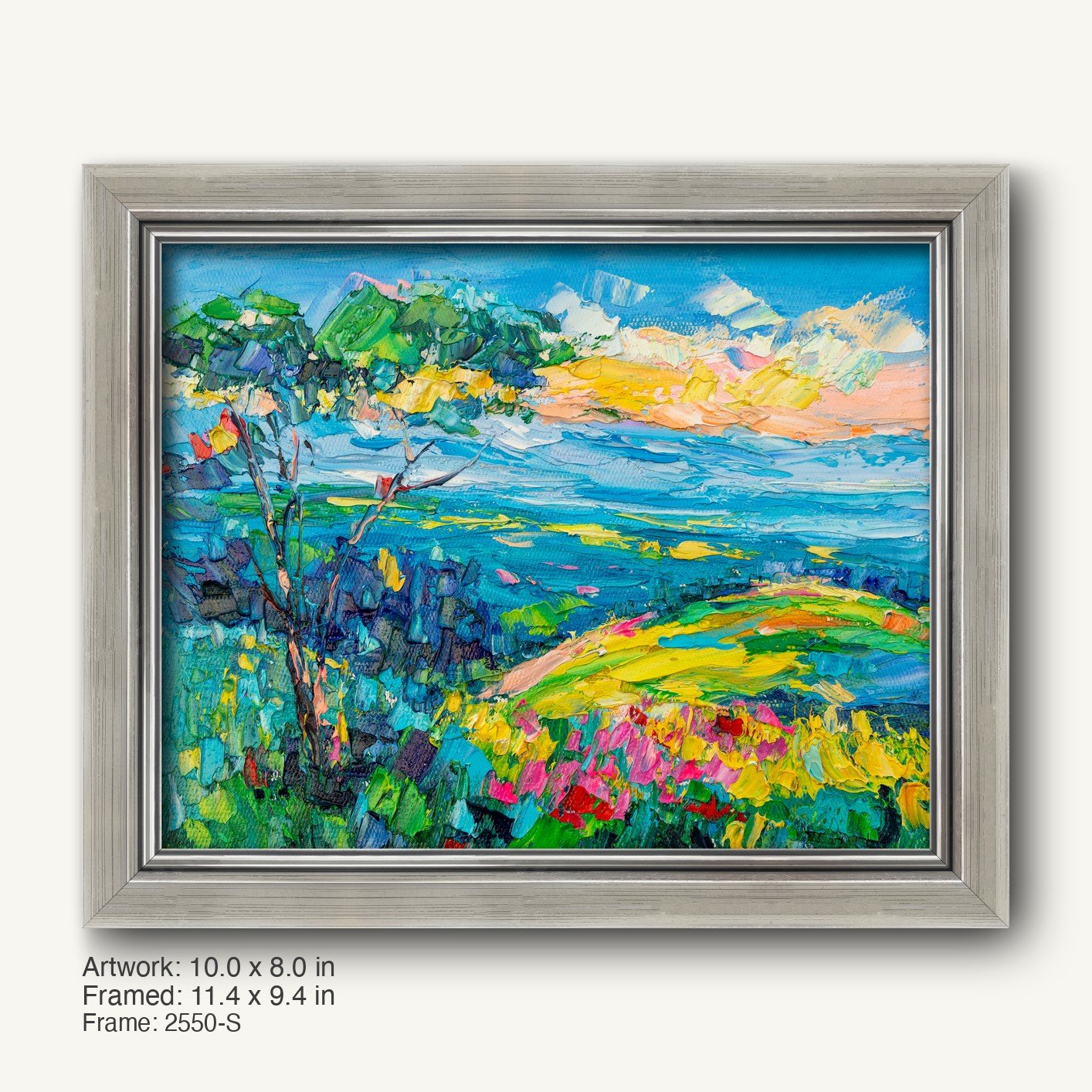 Vibrant landscape oil painting in a cool silver modern slim frame, featuring abstract fields, trees, and sky with bold blues, greens, and yellows