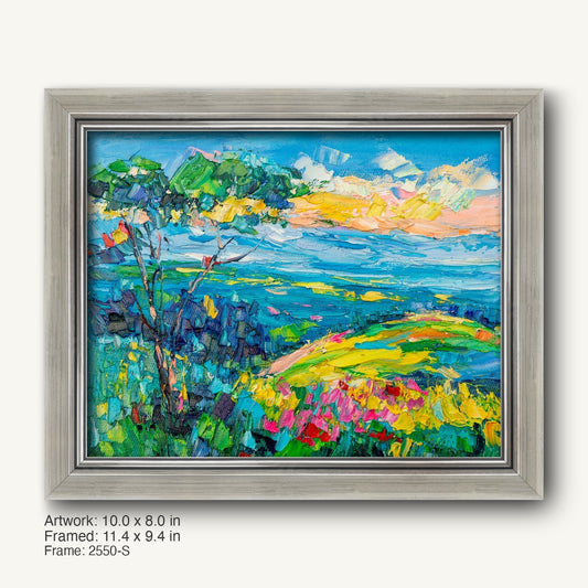 Vibrant landscape oil painting in a cool silver modern slim frame, featuring abstract fields, trees, and sky with bold blues, greens, and yellows