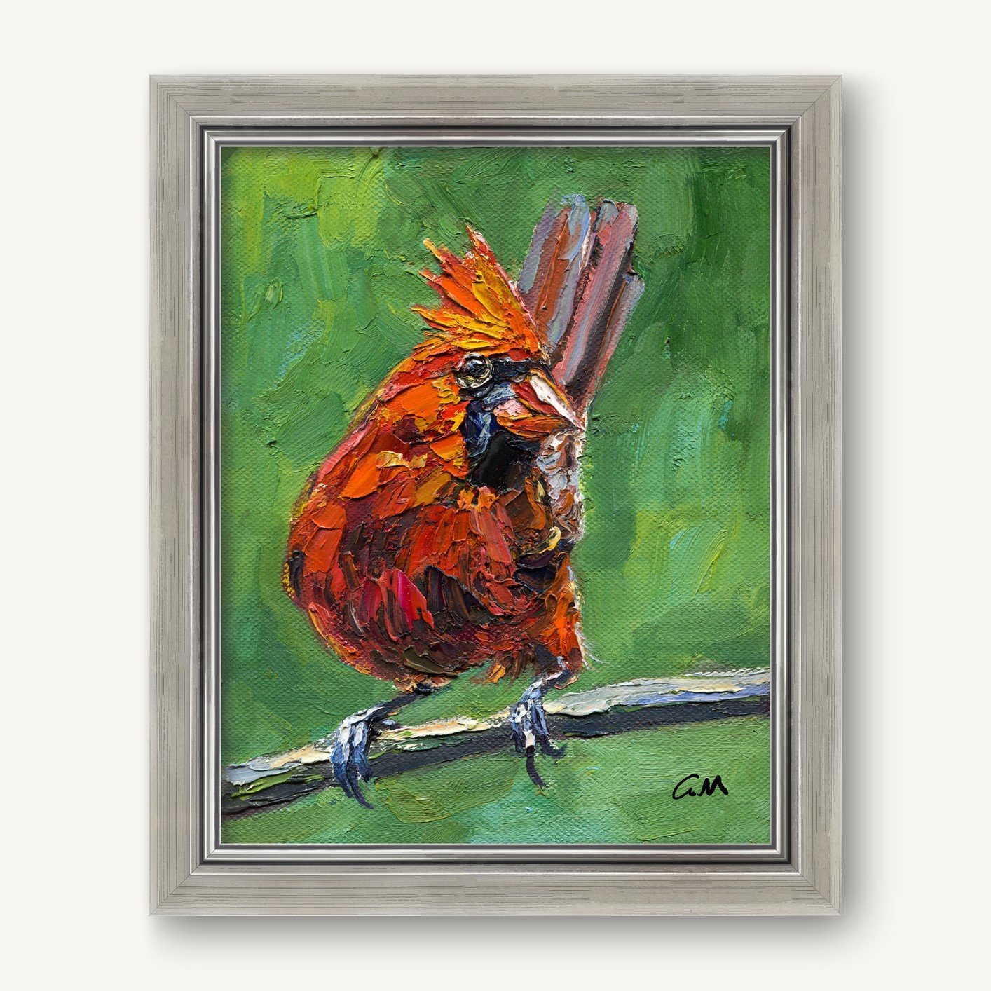 Framed oil painting of a vibrant red cardinal bird perched on a branch, painted with thick impasto texture against a green background, signed by artist George Miller