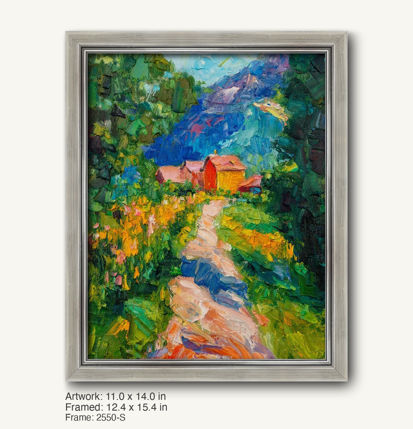 Hand-painted mountain cottage landscape in a cool silver ornate frame, vertical composition with vibrant greens, blues, and yellows on canvas